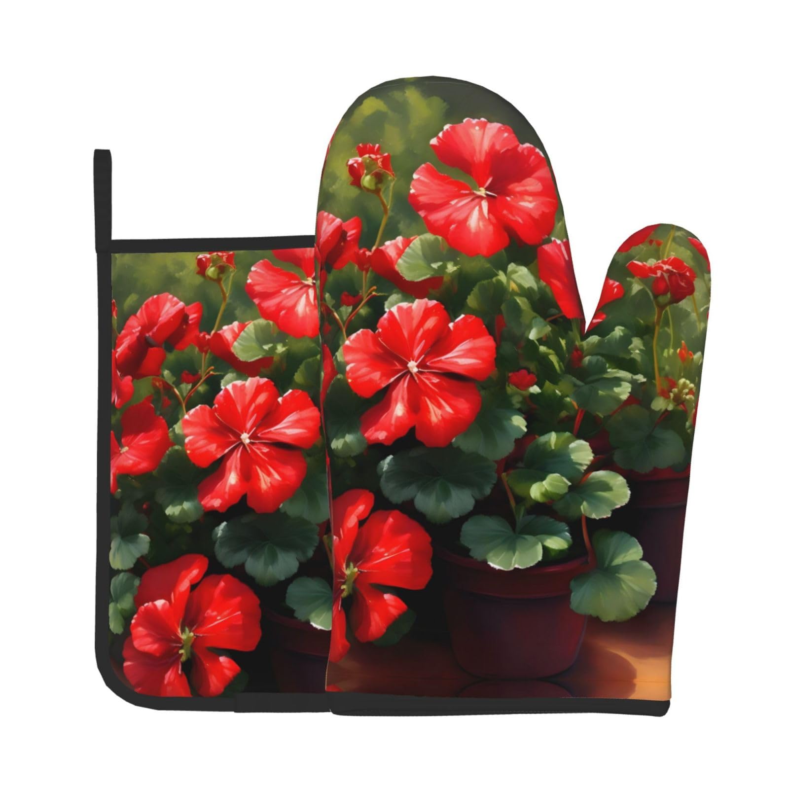 Oven Mitts and Potholders Set of 2 for Kitchen Baking Cooking GrayRed Geraniums Thick and Durable