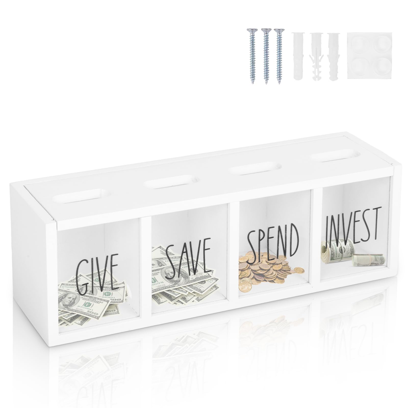 Tirelire en bois pour enfants, dépenses, économiser, donner et investir de l'argent visualisée pour pièces de monnaie et argent liquide pour enfants, garçons, filles, adultes (comptoir et