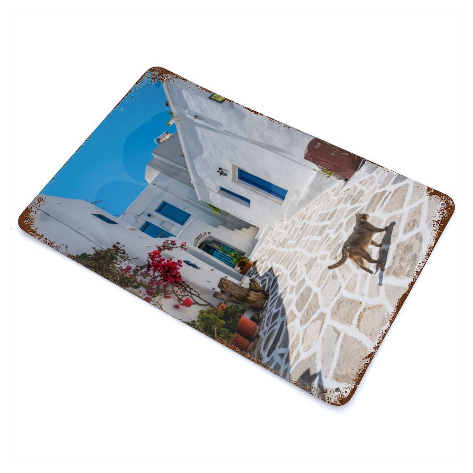 Cat in A Greek Town Paros Vintage Rust Metal Sign 11.8"x7.9", Classic Wall Plaque for Basement, Hobby Room And Garage Decor
