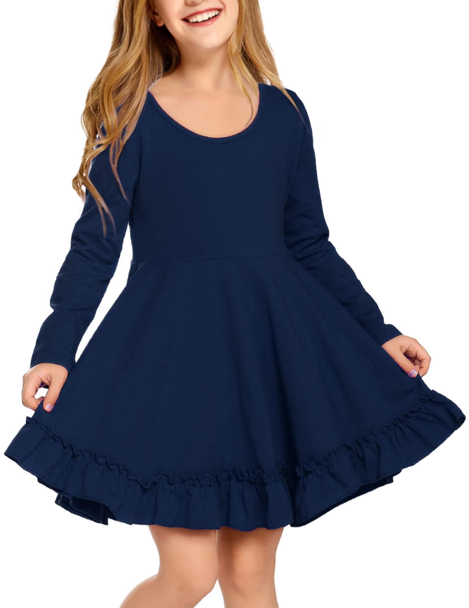 Arshiner Girls Dress Long Sleeve A Line Twirly Skater Loose Casual/Party Dresses with Pocket