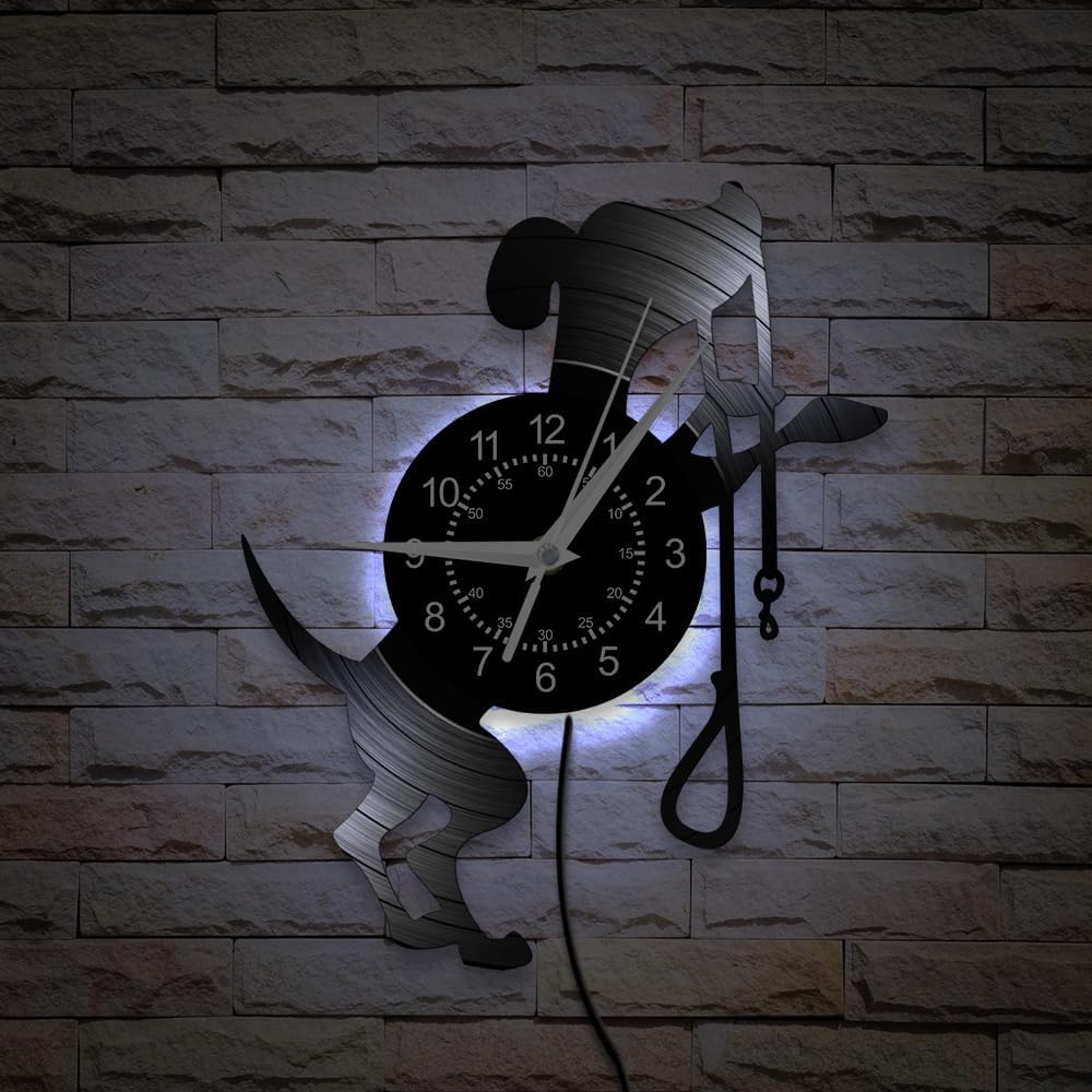 Black Dog LED Wall Clock, 7 Colors Luminous 12 Inch Vinyl Record Funny Kids Wall Clock Silent Quartz Non Ticking, Modern Decorative Puppy Night Light Wall Watch Clock for Living Room Bedroom