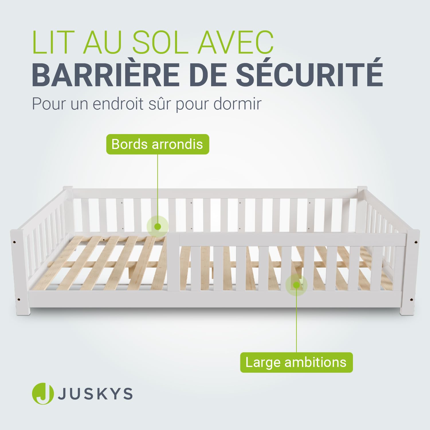 Juskys Lit au Sol Enfant Naya 120x200 cm avec Barrière de Sécurité et Sommier à Lattes, Lit à barreaux Montessori en Bois Massif Pin pour Enfants et Adolescent, Blanc