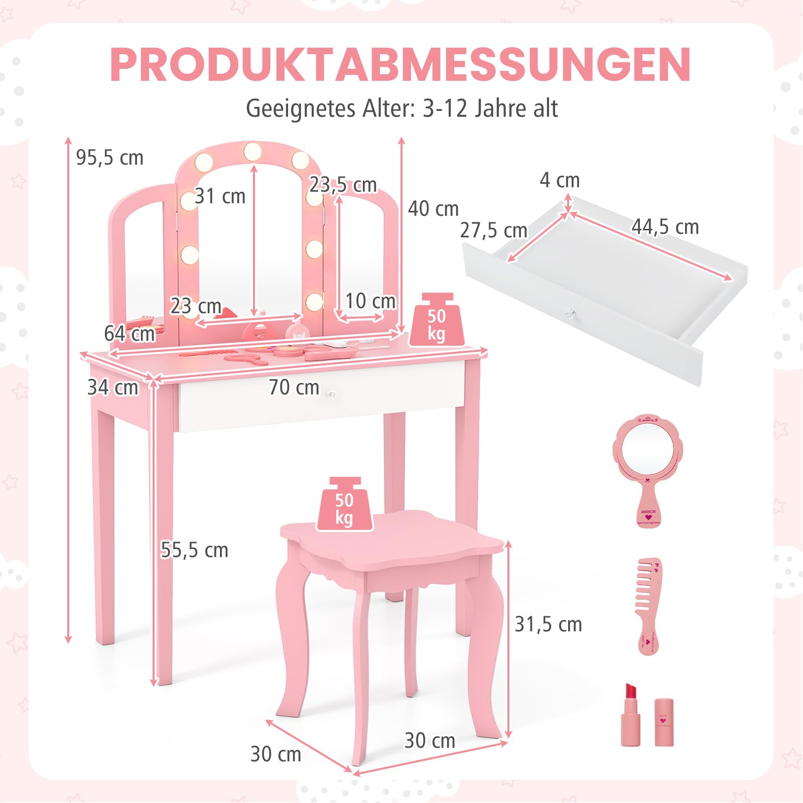 COSTWAY 2 in 1 Kinder Schminktisch mit Beleuchtung, Frisiertisch mit Schublade, klappbarem & 3 farbigem Spiegel, Prinzessinnen Kosmetiktisch mit Hocker, Schminkkommode für Mädchen ab 3 Jahren (Rosa)