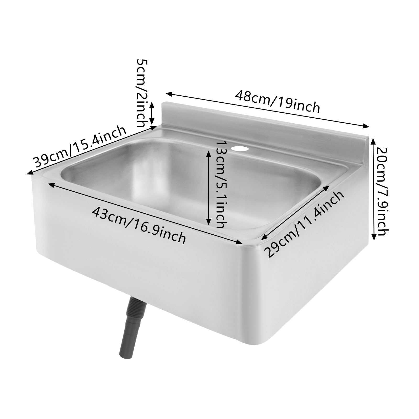 Lavabo de acero inoxidable montado en la pared con tubo de desagüe y anillo de tapón de desagüe, fregadero de acero inoxidable, rectangular, 48 x 39 x 20 cm, fregadero para cocina pequeña