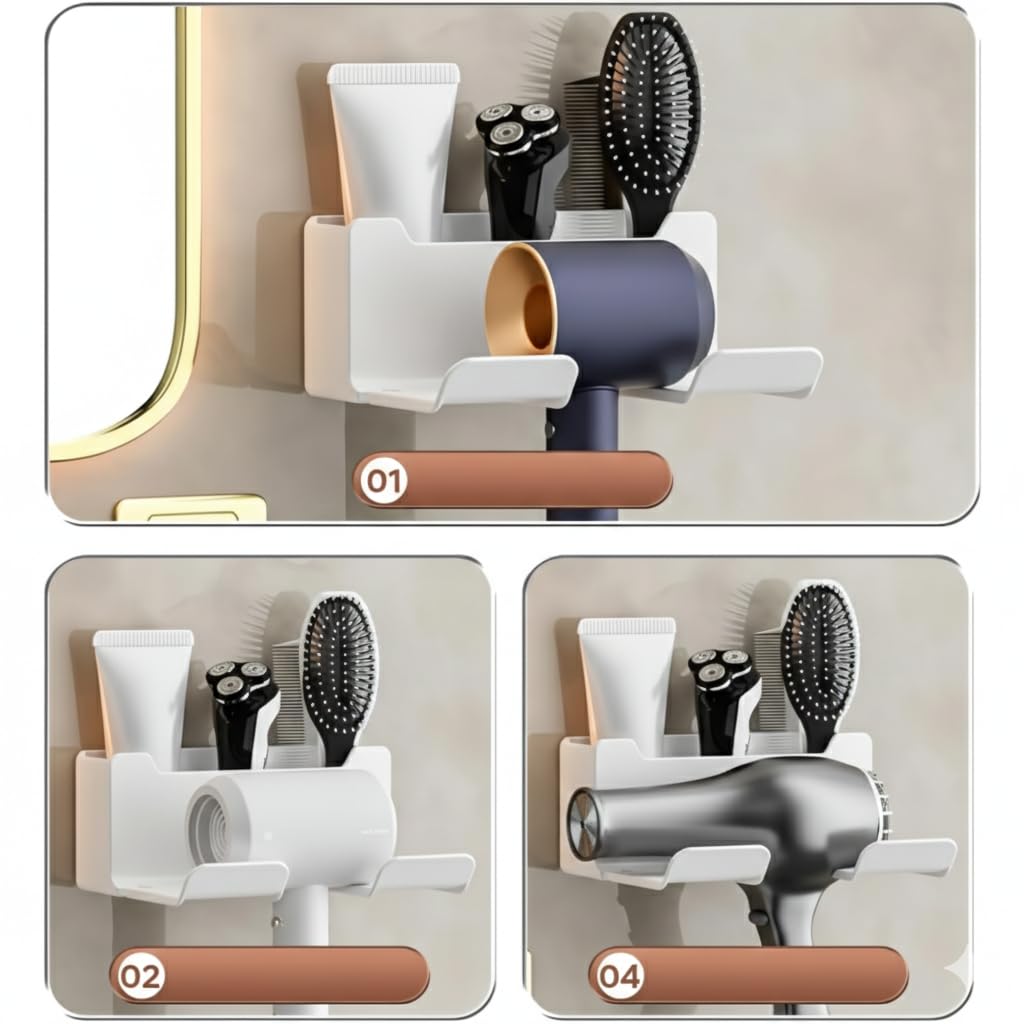 Cisily Hair Dryer Holder Wall Mount with Storage | Heat Resistant Bathroom Organizer for Blow Dryer, Hair Brush, Trimmer & Grooming Tools | No Drill Stand (White) - Image 3 thumbnail