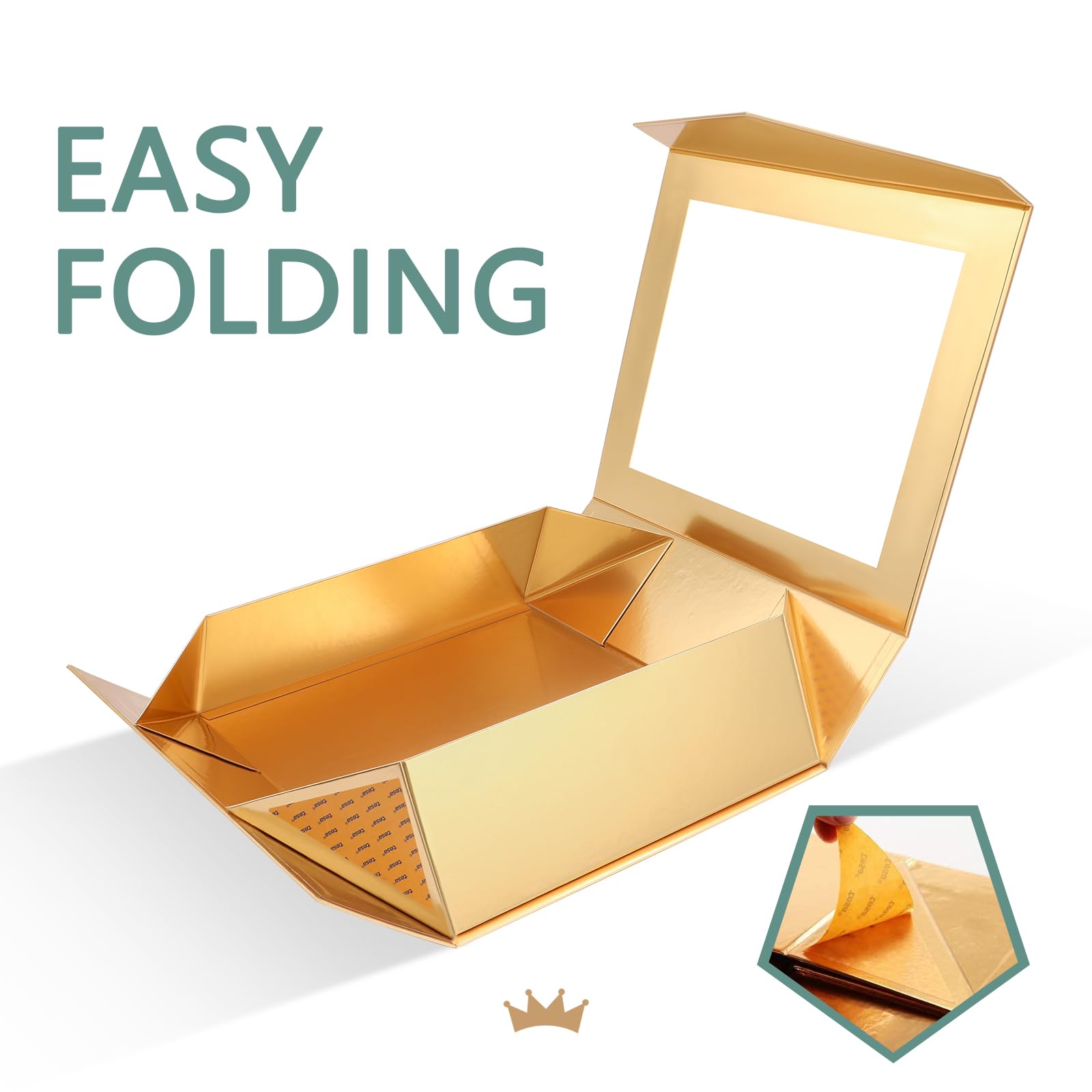 PACKQUEEN 5 extra große goldene Geschenkboxen mit Fenster, 41 x 36 x 12 cm, transparente Geschenkboxen für Geschenke enthalten Bänder, Karten, Brautjungfernantragsboxen mit magnetischen Deckeln