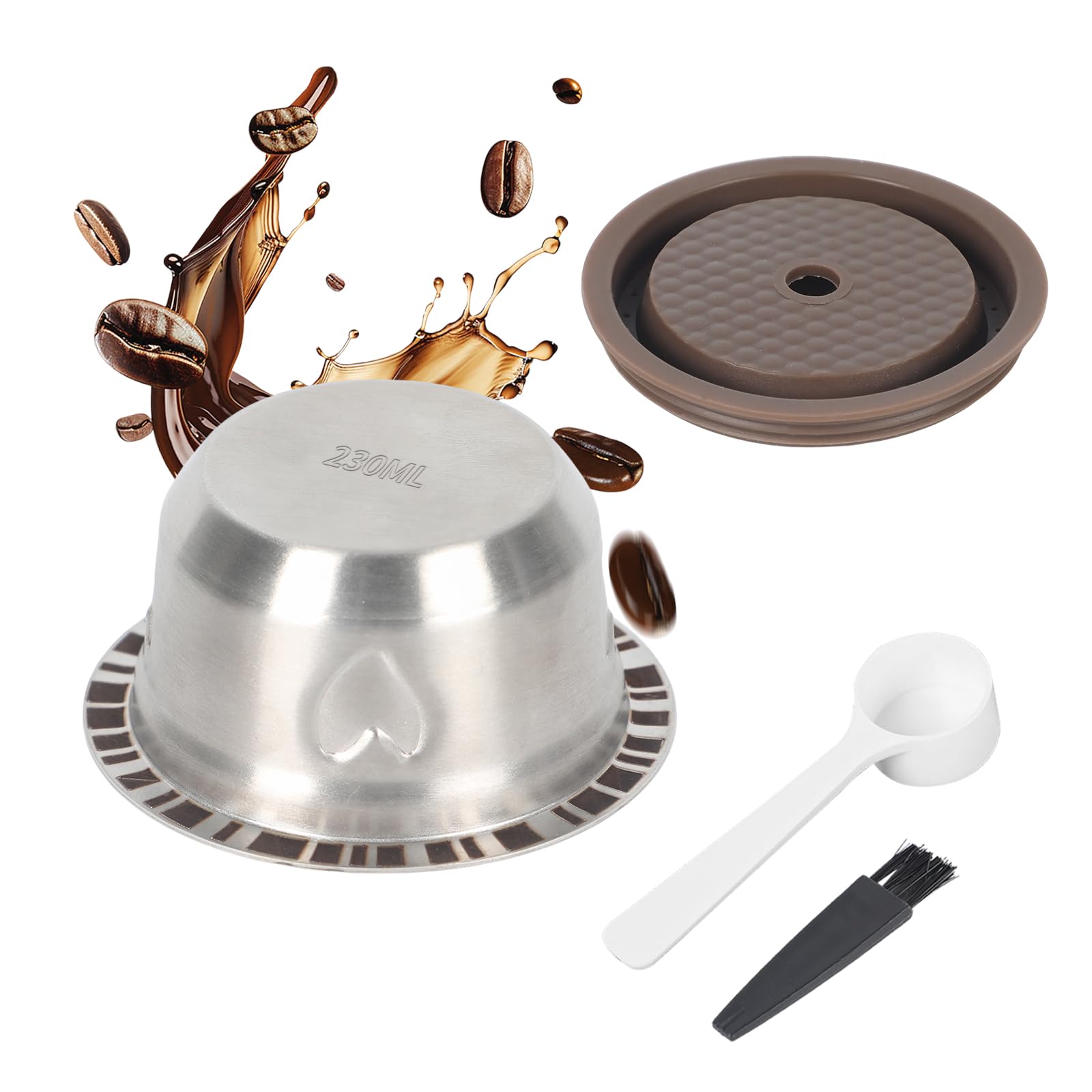 Reusable Coffee Pods for Nespresso Ver-Tuo Stainless Steel Heart Engraving Refillable Coffee Capsule with Silicone Lid,Spoon and Brush Coffee Accessories 80/150/230ml (230ml)
