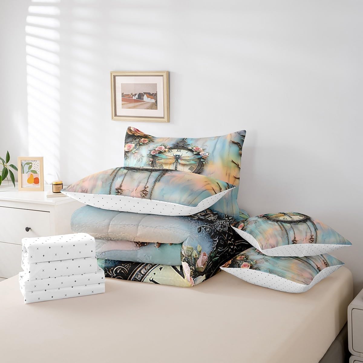 Erosebridal Dragonflies Clocks Full Comforter Set 7-Piece, Petals Metallic Ombre Bedding Sets & Collections, Wreath Modern Bed Set, Pink Blue Extoic Bed Sheets Set for Adults Teens