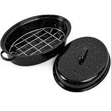 14.6 Inch Roasting Pan with Lid and Rack, Enamel Carbon Steel Roaster Pan, High Temperature Resistance and Dishwasher Safe, Cookware for Turkey Chicken Meat & Vegetables