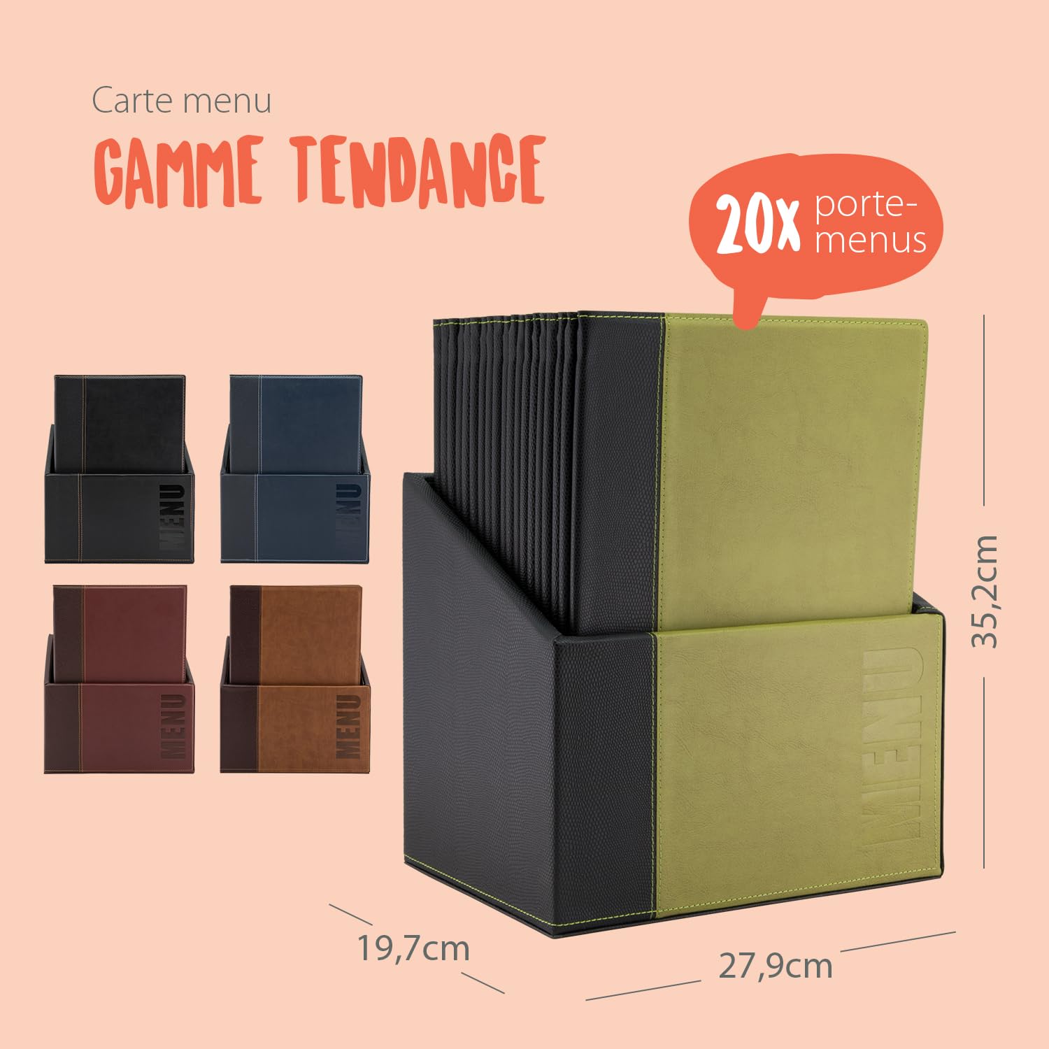 SECURIT Trendy Lot de 20 cartes de menu aspect cuir A4 avec boîte + 1 double insert pour menus (pour 4 pages A5), vert, cuir synthétique