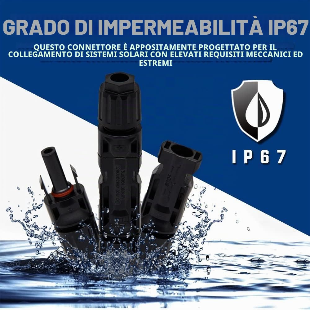 Set di 2 cavi di prolunga da 10 + 10, 10 mm², 7 AWG, max 1800 V, con spina solare, senza alogeni, IP67, doppio isolamento, cavo solare, cavo fotovoltaico per pannello solare, inverter, regolatore di