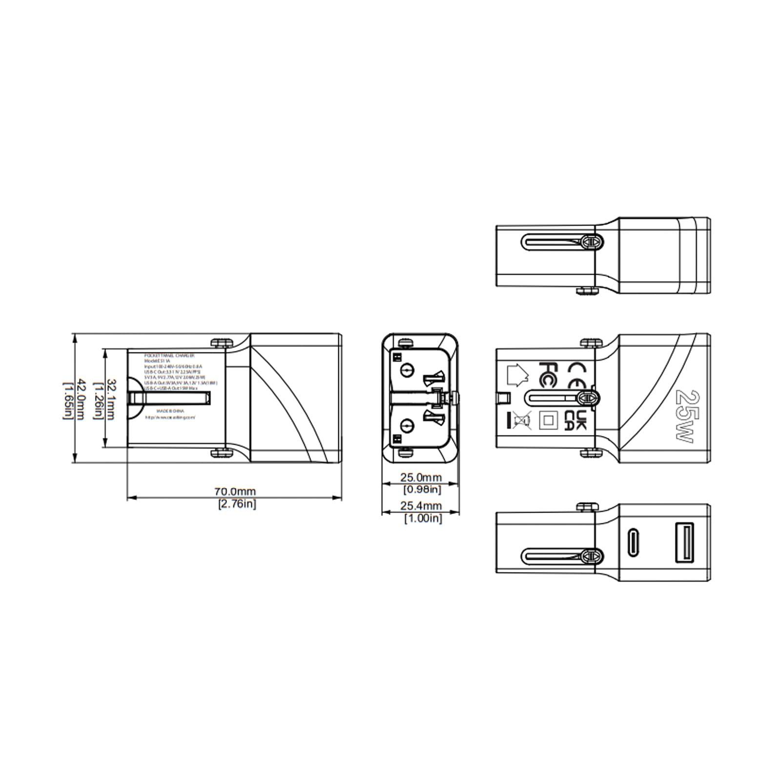 VALUE Caricabatterie da viaggio USB con spina Euro/UK/USA, 2 porte (tipo A QC3.0, tipo C PD), 25 W