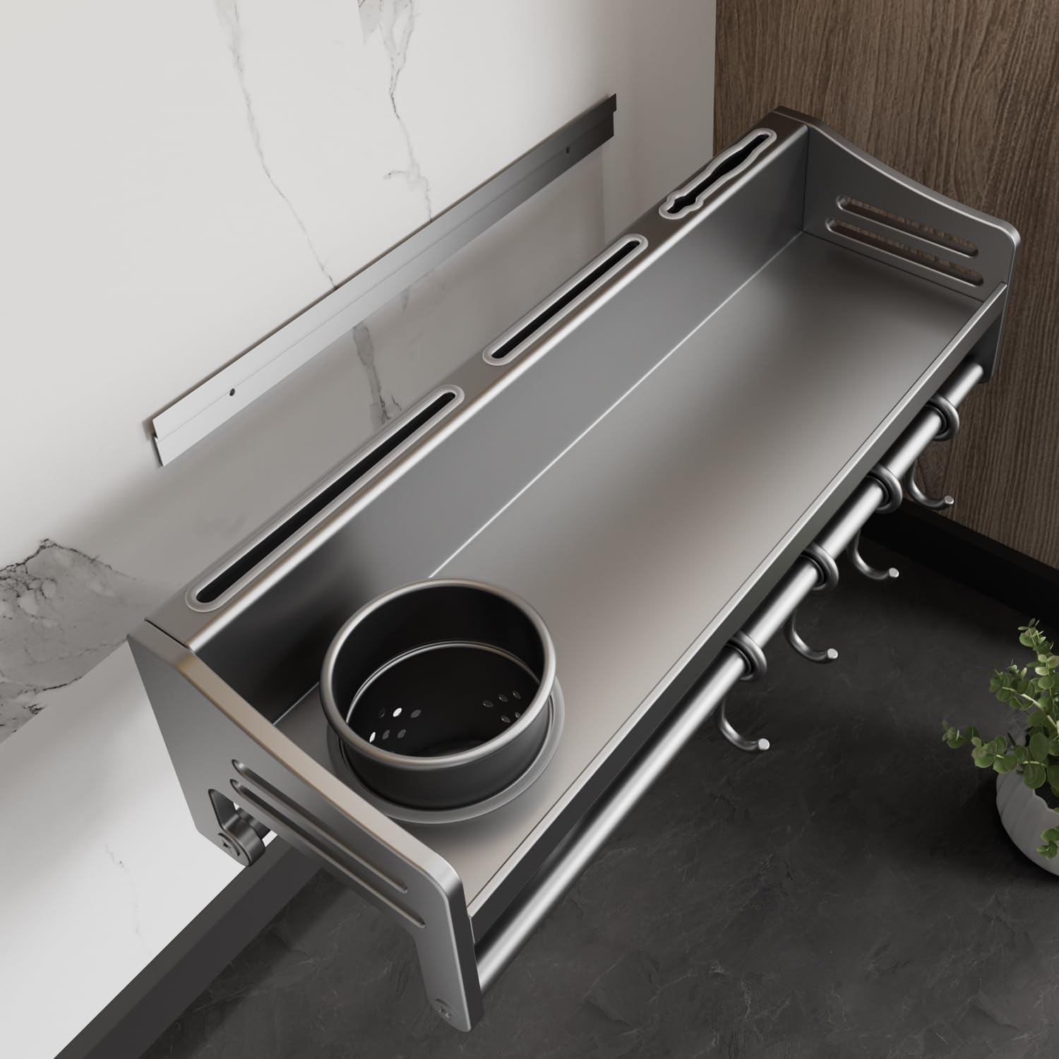 Wall Mounted Kitchen Rail Hooks, Waterproof Utensil Organizer, No-Drill Installation, Tableware Storage System