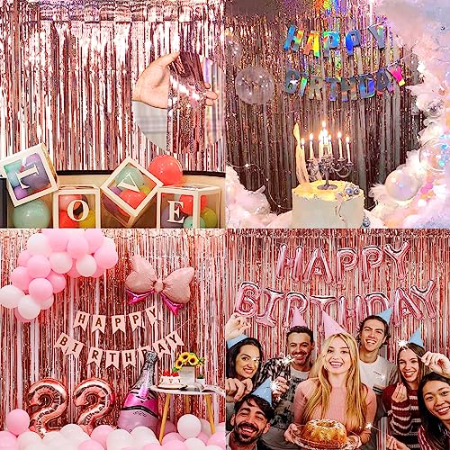 Image of 4 Pack Rose Gold Fringe Backdrop 12.8x8.2 Feet Sparkle Metallic Tinsel Foil Fringe Curtain, Rose Gold Backdrop Curtain Door Streamers for Birthday Bachelorette Graduation Christmas Party Decorations