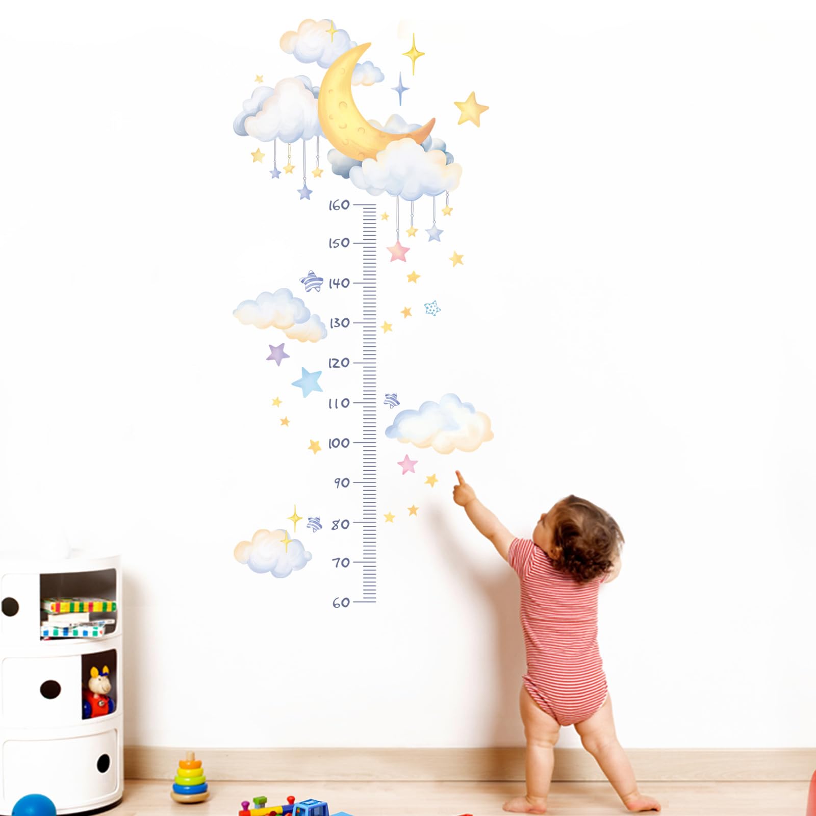 Pegatinas de Pared Medidor Altura Infantil Acuarela Adhesivos Pared Decorativo Luna Nubes Estrellas Vinilos para Habitación Bebé Niños Dormitorio Guardería