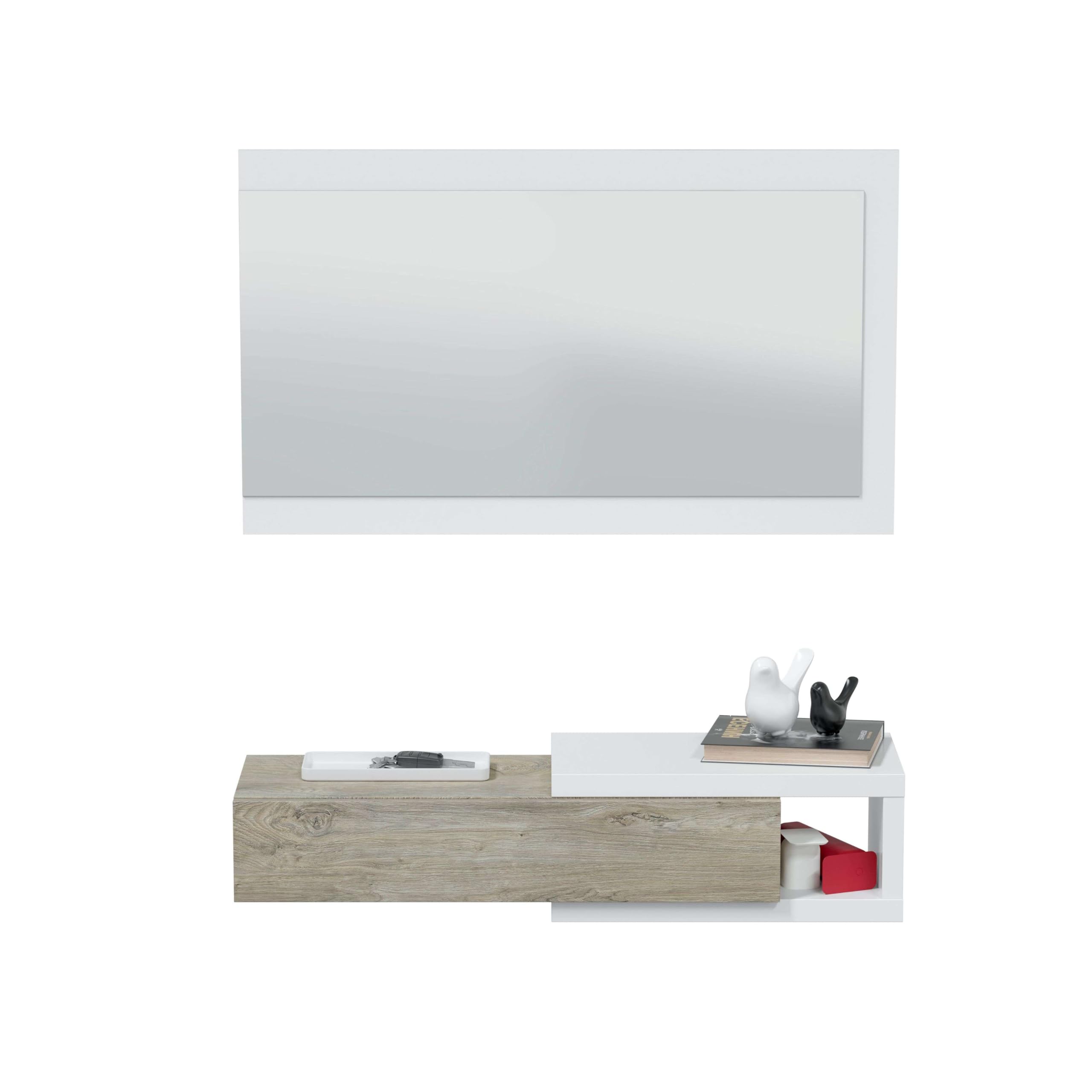 Miroytengo Mueble de Entrada Noon Recibidor con Espejo Estilo Multifuncional en Color Blanco Artik y Roble Alaska 95 cm
