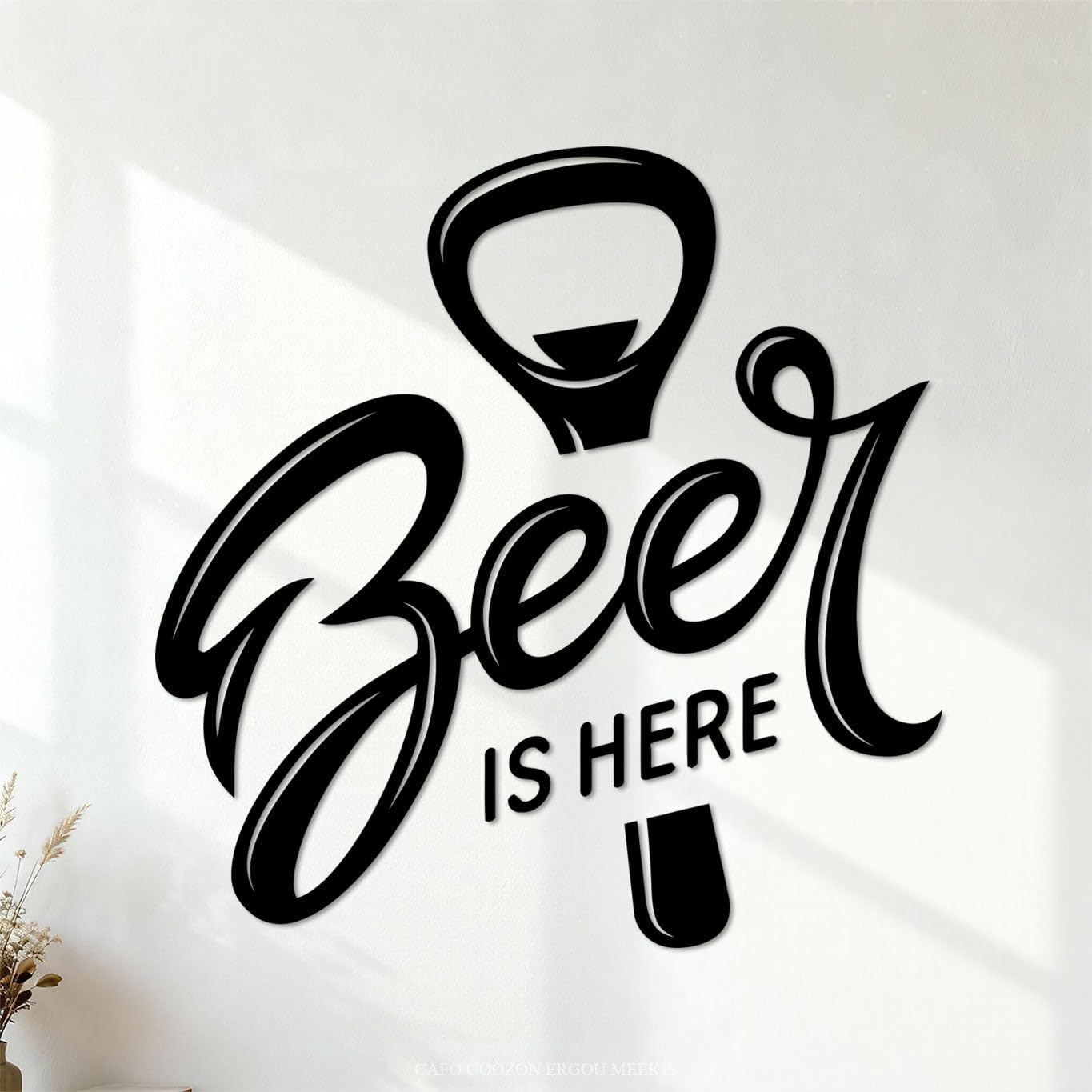 Wall Vinyl Sticker Decor Pub Phrase Beer is Here Beer Cap Beerhouse 54.6x55.6cm Personalized Customization Black