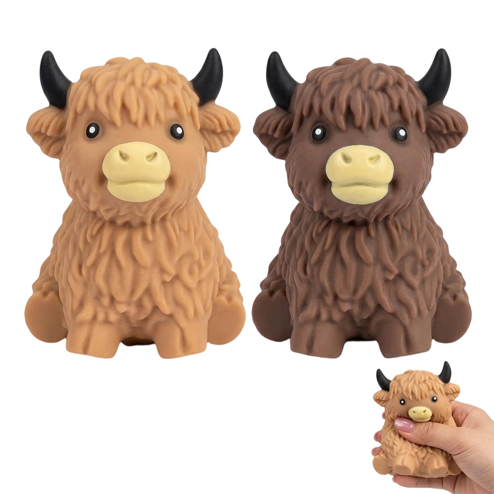 2 PCS Highland Cow Squishy, Squishy Highland Cow, Highland Cow Squishies in Light and Dark Brown, Desk Decoration, Portable Pocket Companion for Animal Enthusiasts