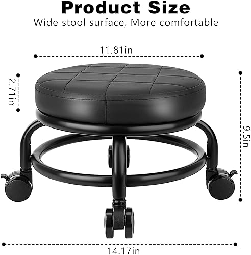 Miniatura 2 de Taburete bajo con ruedas de baja altura, asiento de cuero sintético, silla pequeña, taburetes rodantes redondos para oficina en casa, garaje, tienda