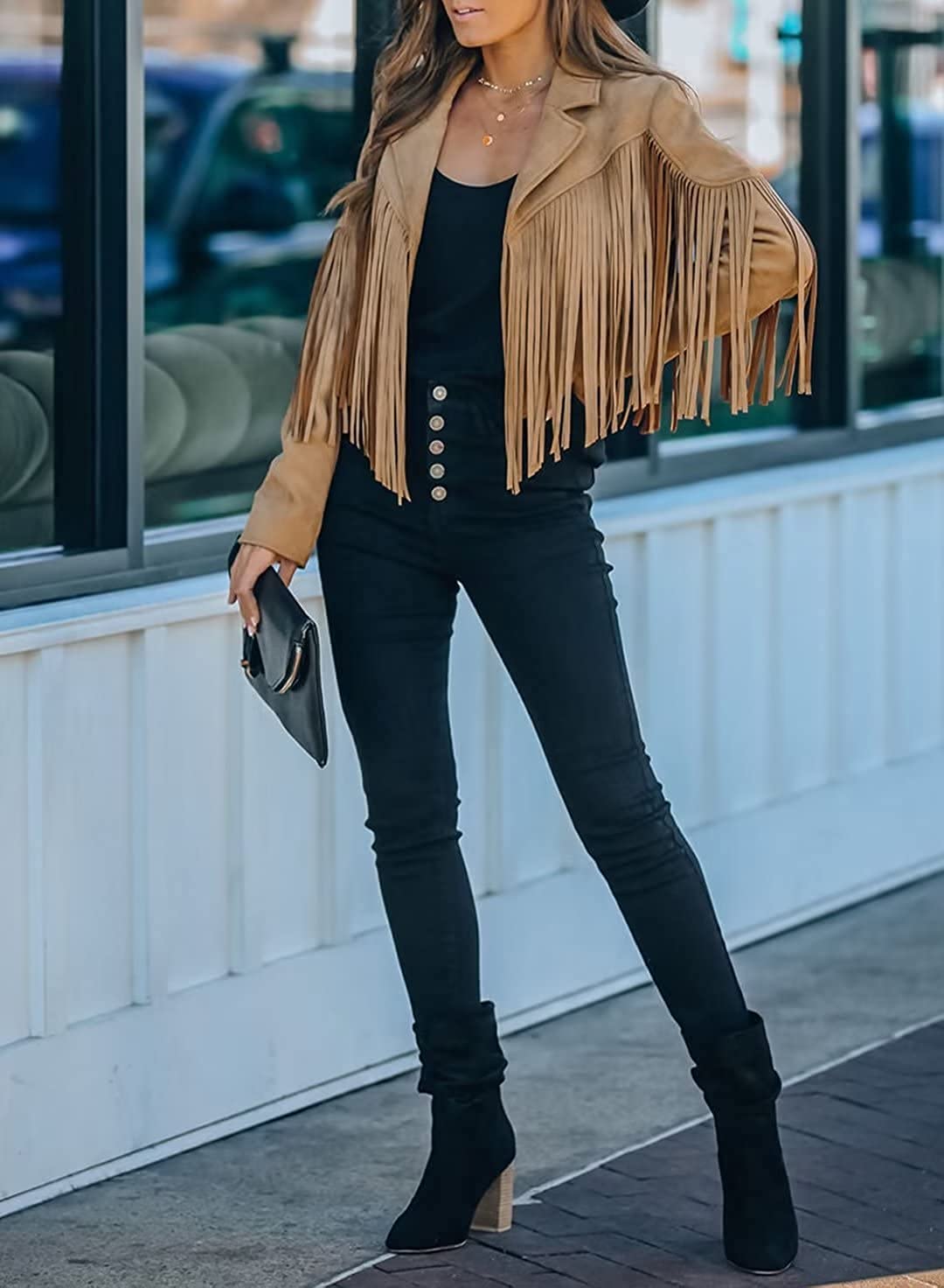 Veste Frange Femme Daim Haut recadré Western Denim Blouson aviateur Femme léger zippé matelassé Manteau décontracté vêtements d'extérieur