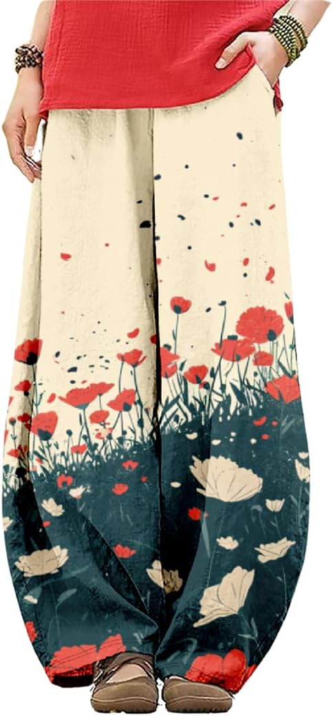 LOAIHA Women's Baggy Pants Elastic Waist Floral Wide Leg Yoga Sweatpants Harem Pant Lantern Trousers with Pockets