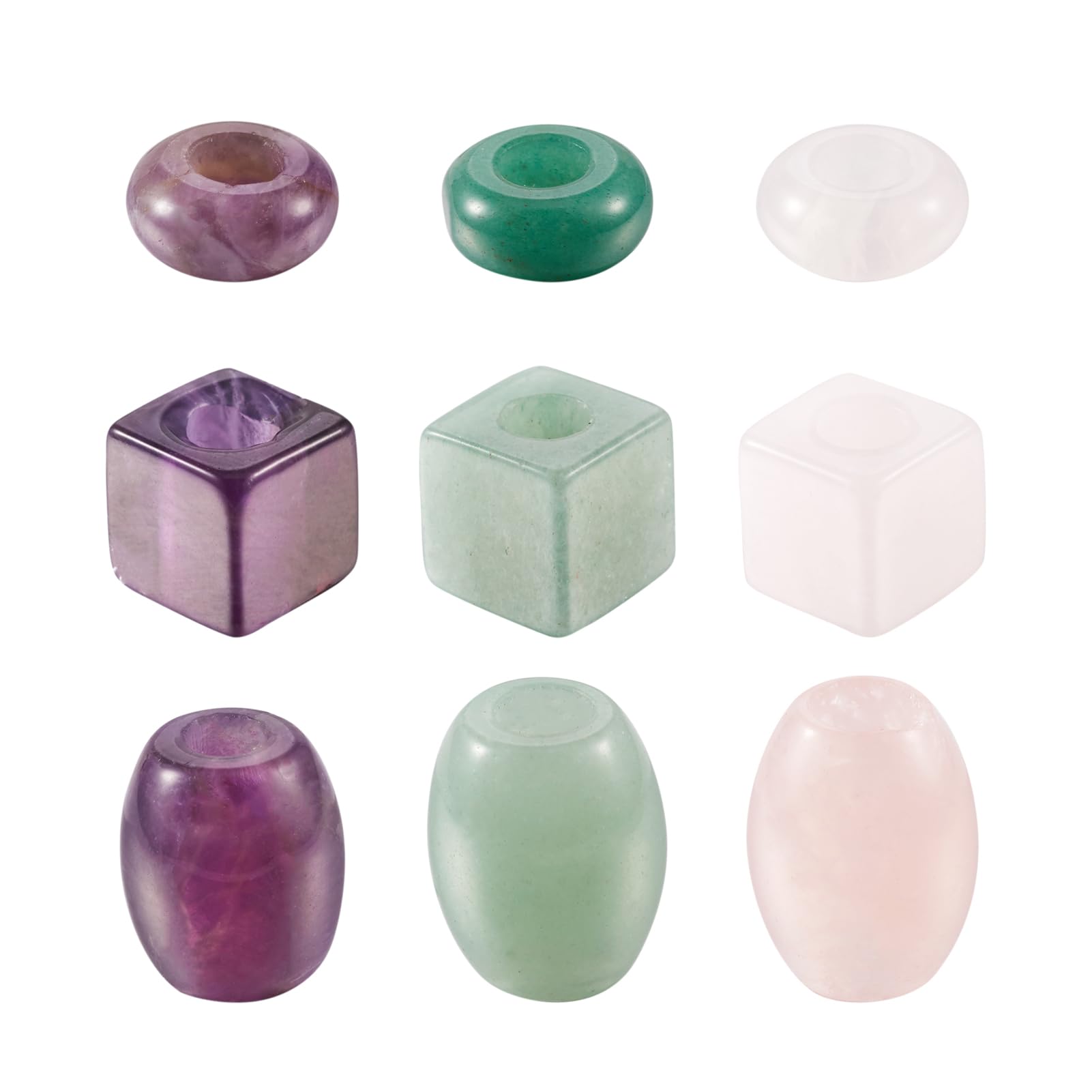 Crafans 9Pcs Natural Gemstone European Beads, Green Aventurine, Rose Quartz & Amethyst, Cube, Barrel & Rondelle Shapes