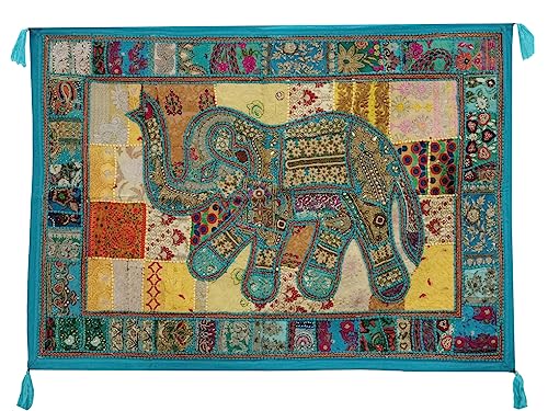 Image of Ekam Art Rajasthani Handmade Heavy Elephant Embroidery Cotton Patchwork Tapestry Cotton Wall Decor Hanging Beaded Tapestries Home Living Room Decor 40 x 60 Inch (Turquoise)