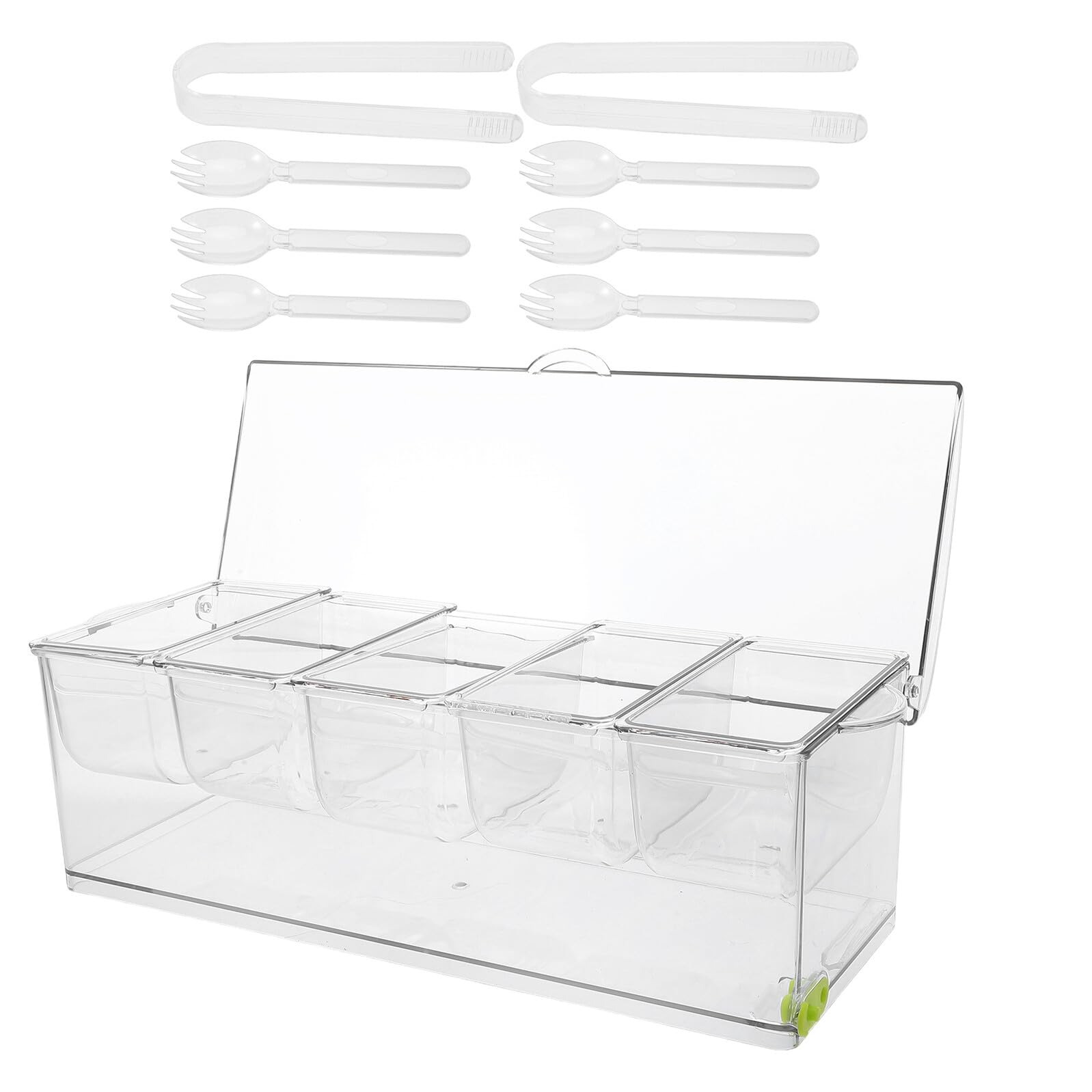 COLLBATH Set 9 Pezzi Vassoio per Condimenti Refrigerato con Coperchio Contenitore Trasparente in Plastica 5 Scomparti per Frutta Insalata e Snack da Bar per Buffet e Cocktail