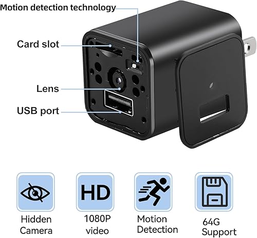 Miniatura 5 de Cámara cargadora - Cámara pequeña de 1080P con detección de movimiento - Cámara de niñera para seguridad interior en el hogar - Tarjeta Micro SD de