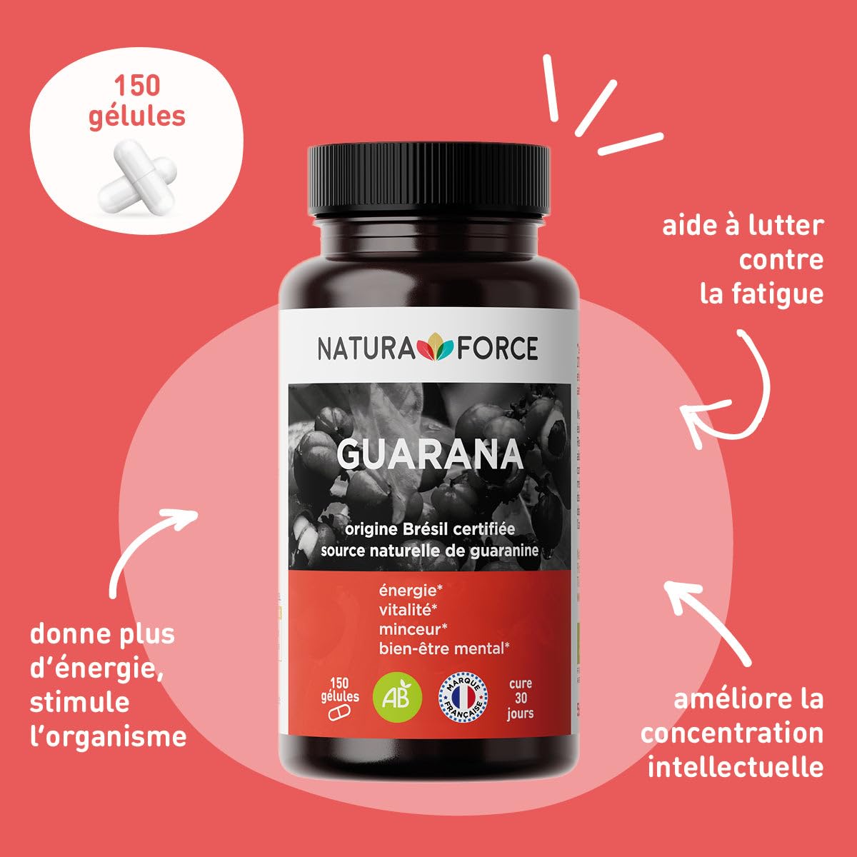 Guarana Pur et Biologique en Gélules Végétales - Stimulant et Énergisant - Titré en Guaranine - Analysé et Conditionné en France - 3 x 150 Gélules
