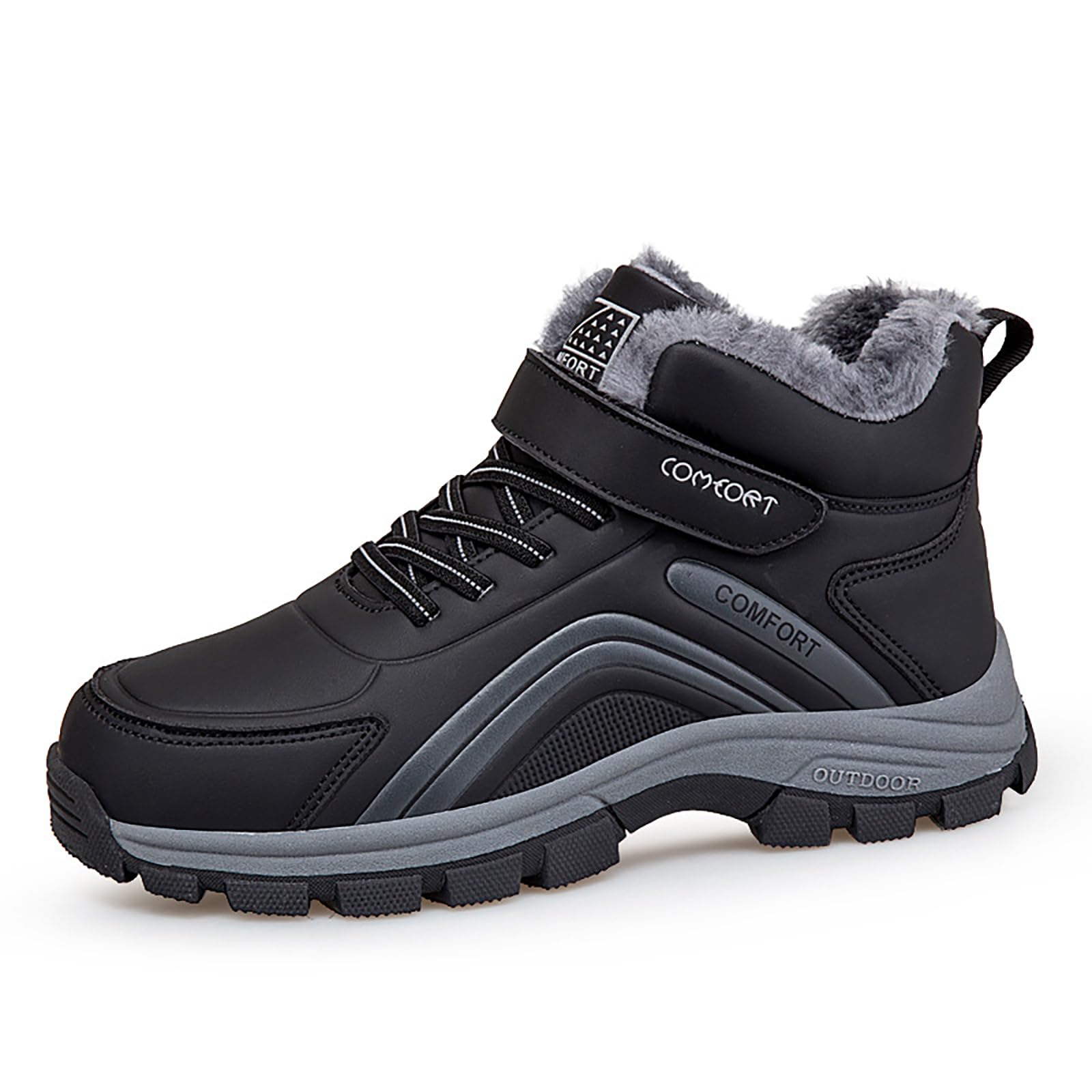 Womens Leather Hook And Loop Platform Snow Boots Comfort Warm Fur Lined Waterproof Non-Slip Outdoor Walking Shoes Winter