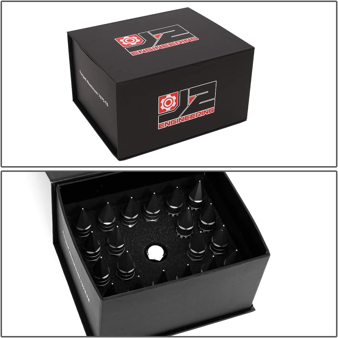 J2 Engineering LN-T7-012-15-BK Black 7075 Aluminum M12X1.5 16Pcs L: 80mm Spiky Cap Lug Nut w/4Pcs Lock+Key
