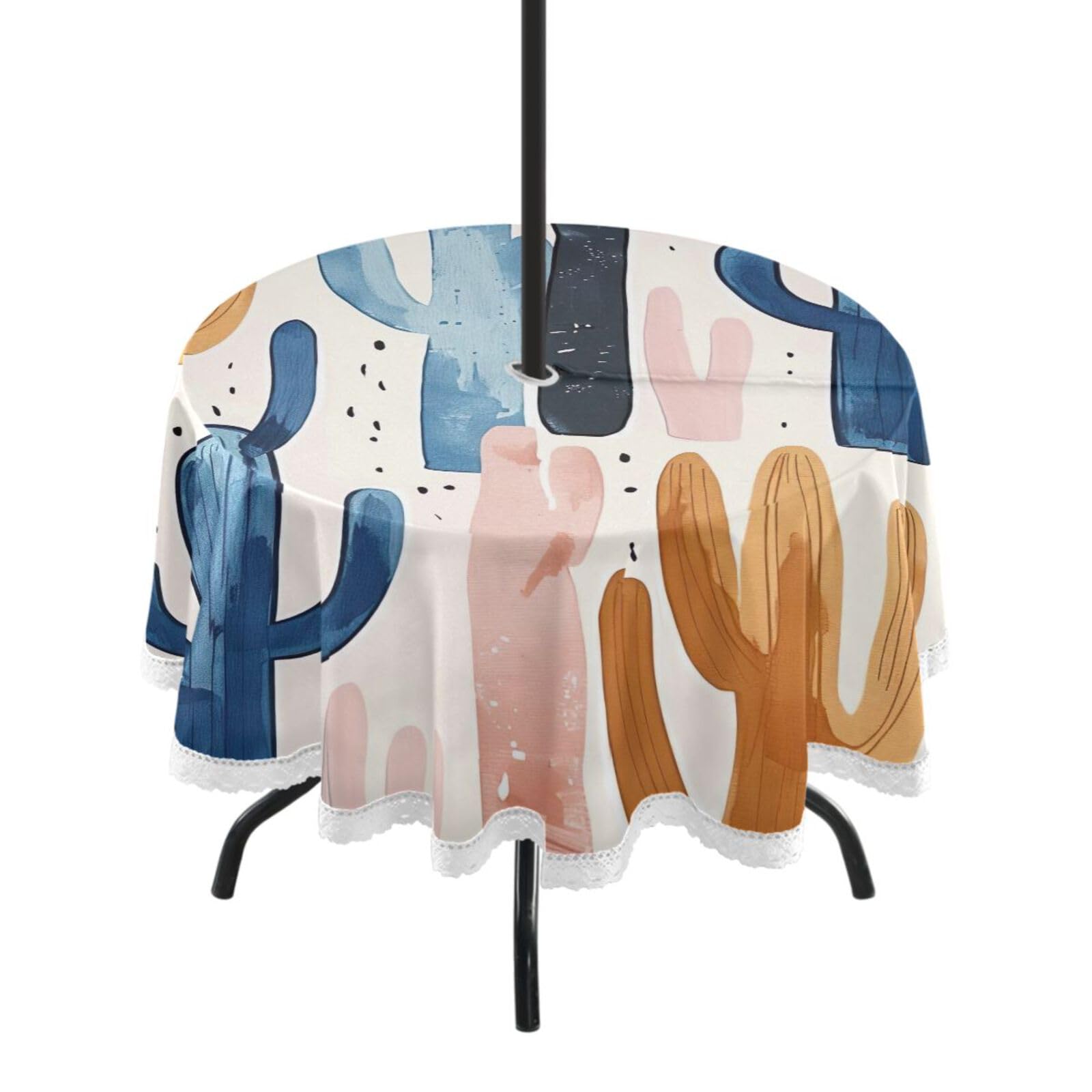 Wajiw 60 Inch Indoor Outdoor Round Tablecloth with Umbrella Hole and Zipper Waterproof Patio Table Cover for Camping Dining Room Party Outdoor Picnic,Cactus