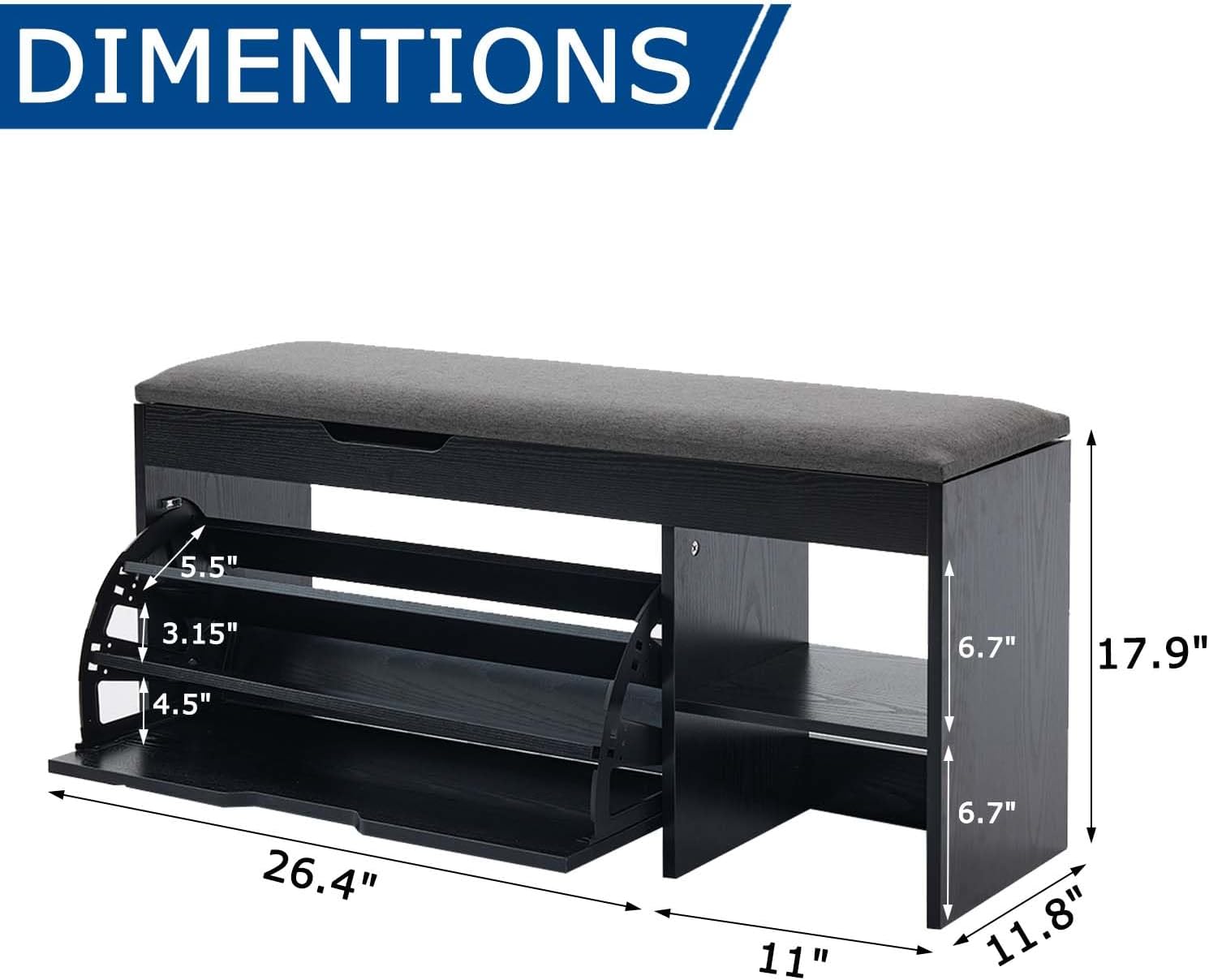 Shoe Storage Bench with Flip Drawer, Shoe Rack with Lift Top Storages Box, 2-Tier Bench Cabinet with Adjustable Shelves for Entryway, Hallway, Living Room, Mudroom, Black
