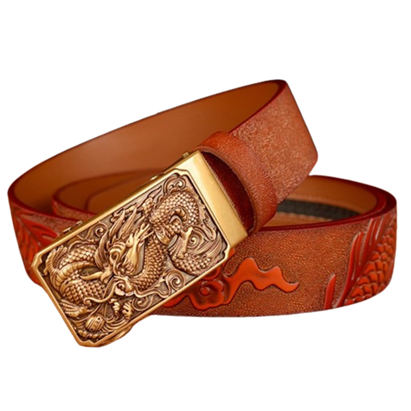BDAYEK Men's Belt Men's Leather Dress Belt With Engraved Dragon Sliding Buckle Adjustable 125Cm 49" Brown