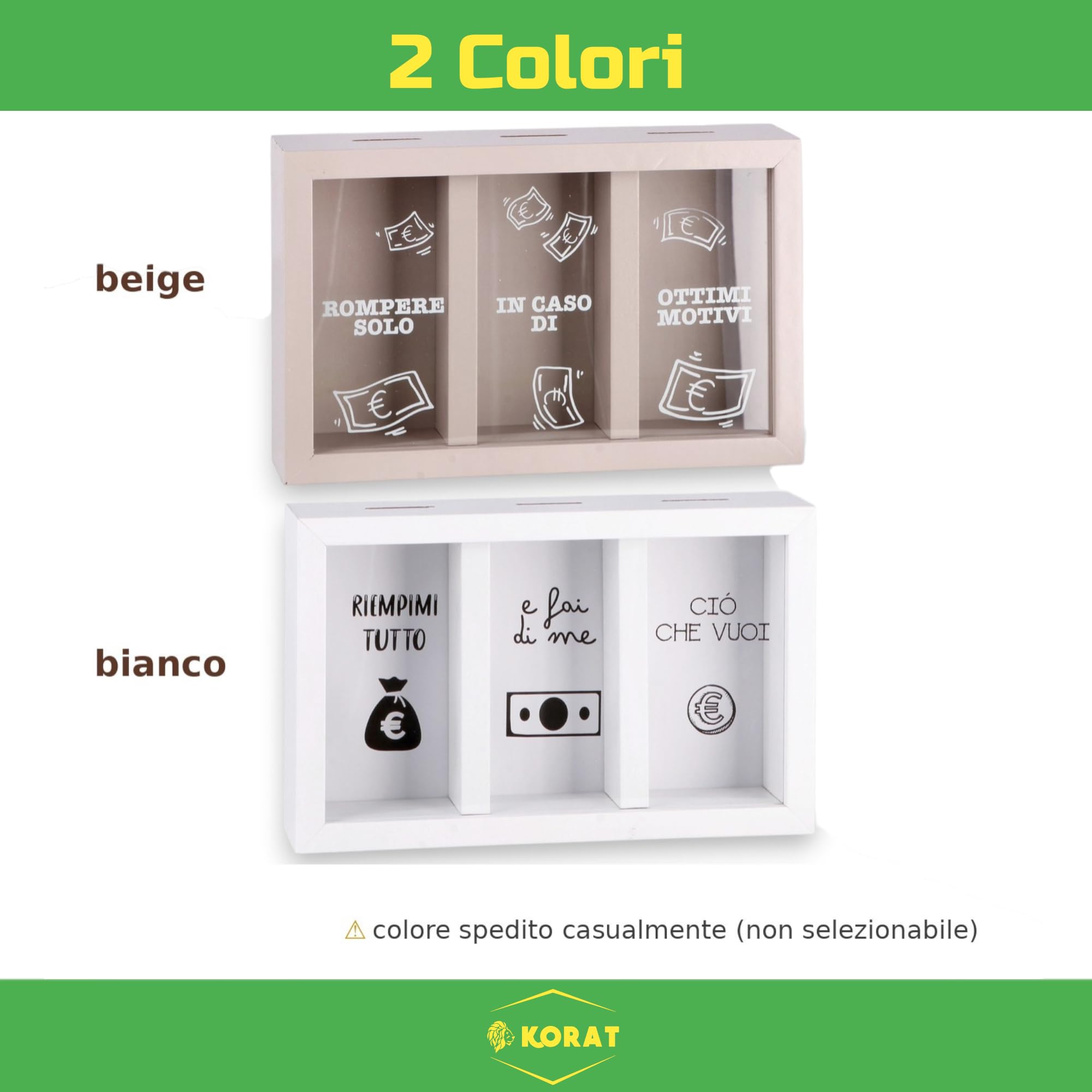 KORAT - Salvadanaio in MDF a 3 Scomparti con Frontale Trasparente – Scatola Risparmio Divertente per Monete e Banconote, Idea Regalo Originale, Organizer Scrivania 23x14,5x h. 5,5 cm