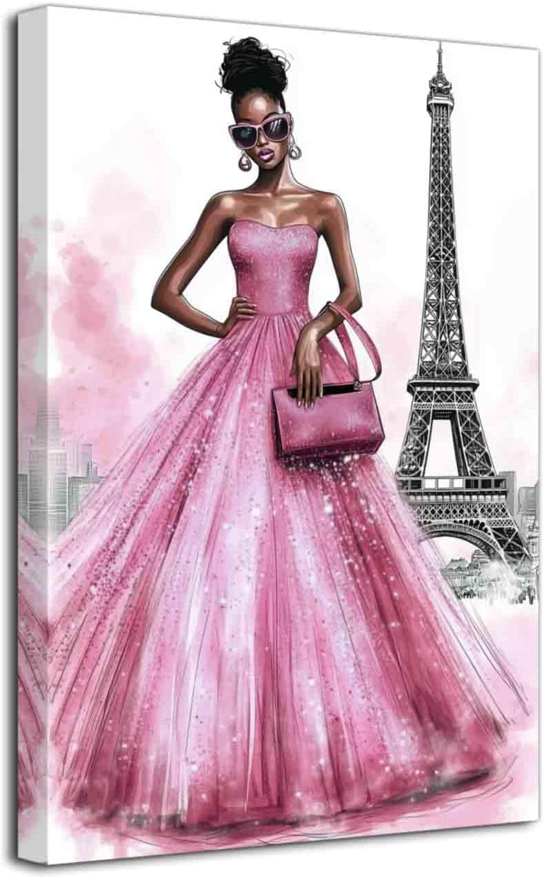 LZIMU Paris Wall Art Black Woman Pictures Black White Eiffel Tower Paintings African American Canvas Prints Fashion Black Girl Poster for Girls Bedroom Decor Framed (Silver, (18L x 12W))