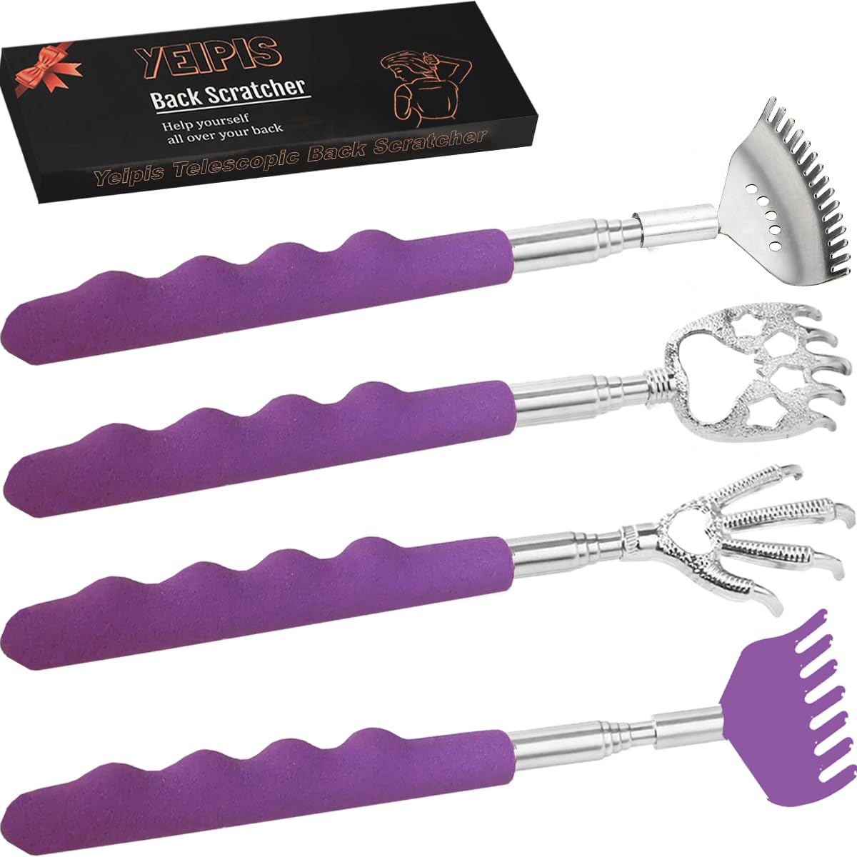 Yeipis 4 Pack Different Back Scratcher Metal Portable Telescoping Tool with Beautiful Box, Extendable Back Massager with Rubber Handles, Gifts for Men Women Kids Adults (Purple)