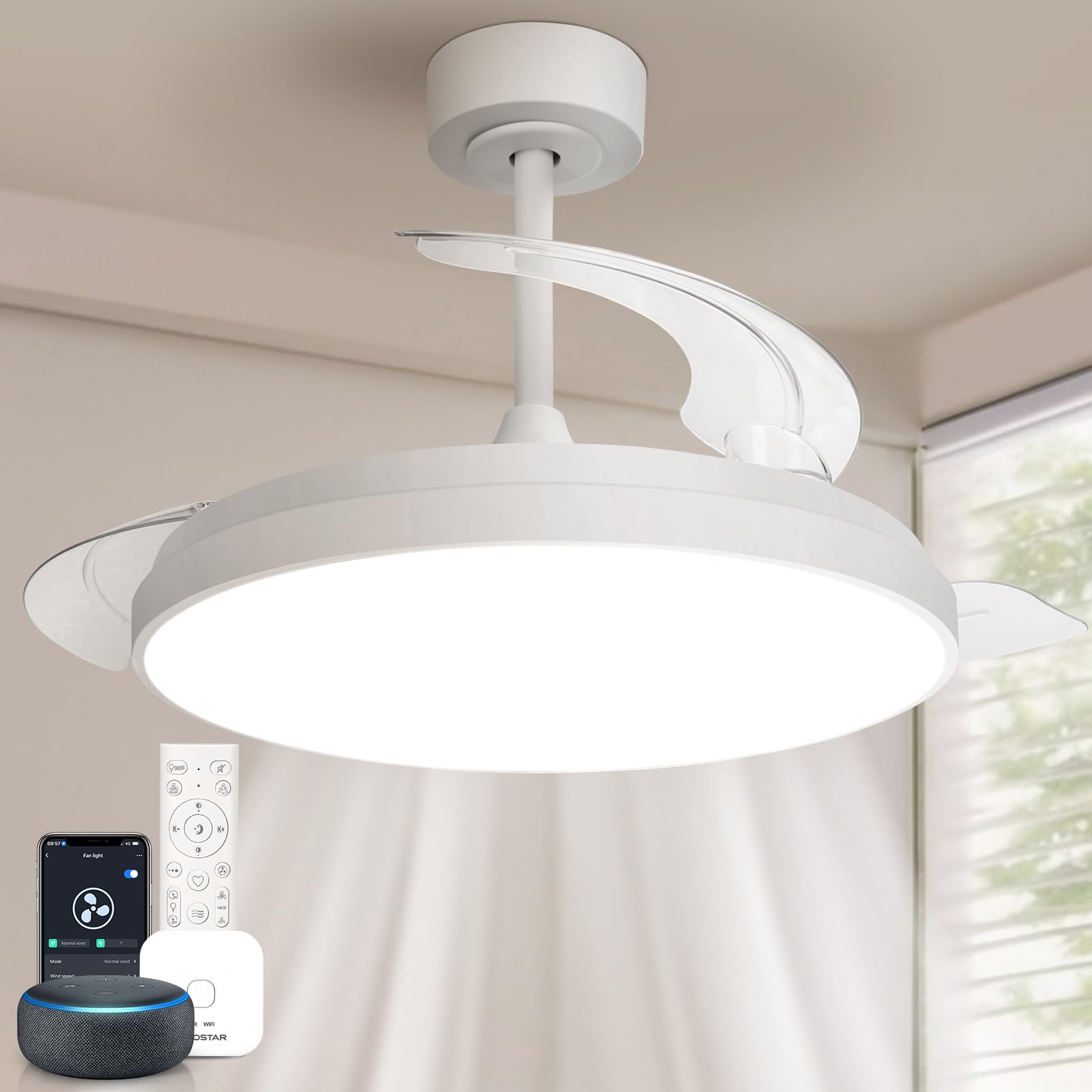 Aigostar Mesh - Ventilador de Techo con luz Inteligente con Aspas Retráctiles, LED 50W + DC 28W - APP/Mando, CCT Regulable 2700K-6500K, Silencioso, Temporizador, Función Invierno/Verano (106cm)