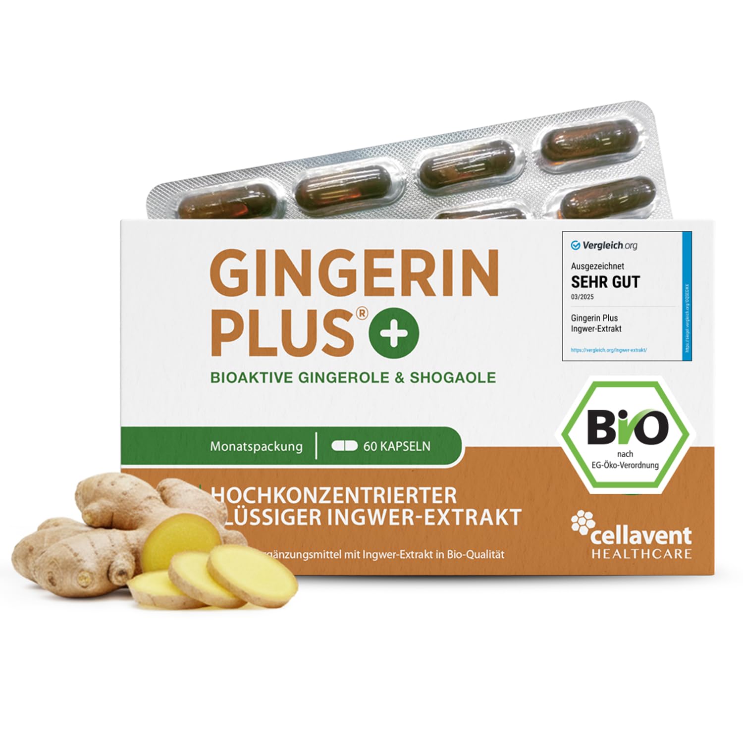 Stärkste Bio Ingwer Kapseln - 22.000mg Ingwerpulver pro Tagesdosis - höchste Gingerol & Shogaol Werte - 2 Kapseln Gingerin PLUS liefern den gleichen Ingwer Gehalt wie 33 andere Ingwertabletten
