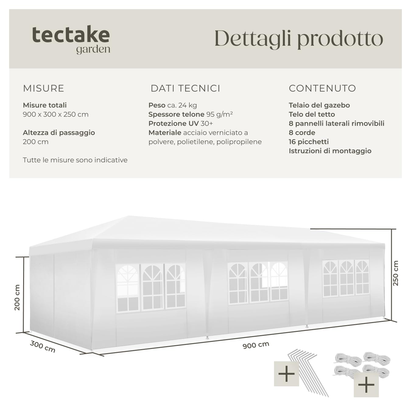tectake® Gazebo Esterno Resistente 9x3 m, Impermeabile, con 8 Pareti Laterali Rimovibili, Protezione UV, Telaio in Acciaio, Tendone per Feste, Matrimoni, Campeggio, Gazebi Terrazzo Esterno - Bianco
