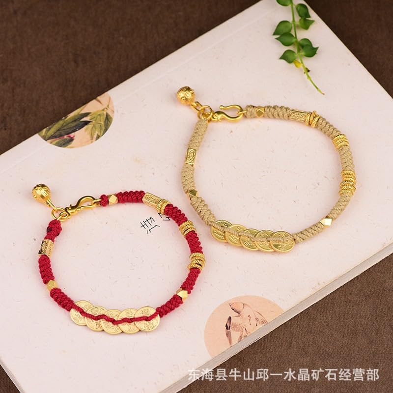 Pulseras elásticas para Mujer Pulsera de Hilo Rojo de Estilo étnico Hecha a Mano con Cinco Monedas del Emperador y Amuleto de Bestia Dorada tibetana for Hombres y Mujeres(Red)