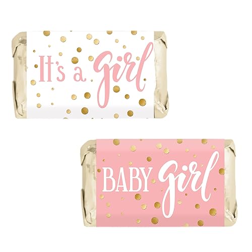 Mini envoltorios de barra de caramelo rosa y dorado con texto en inglés "It's a Girl" para baby shower, 45 calcomanías