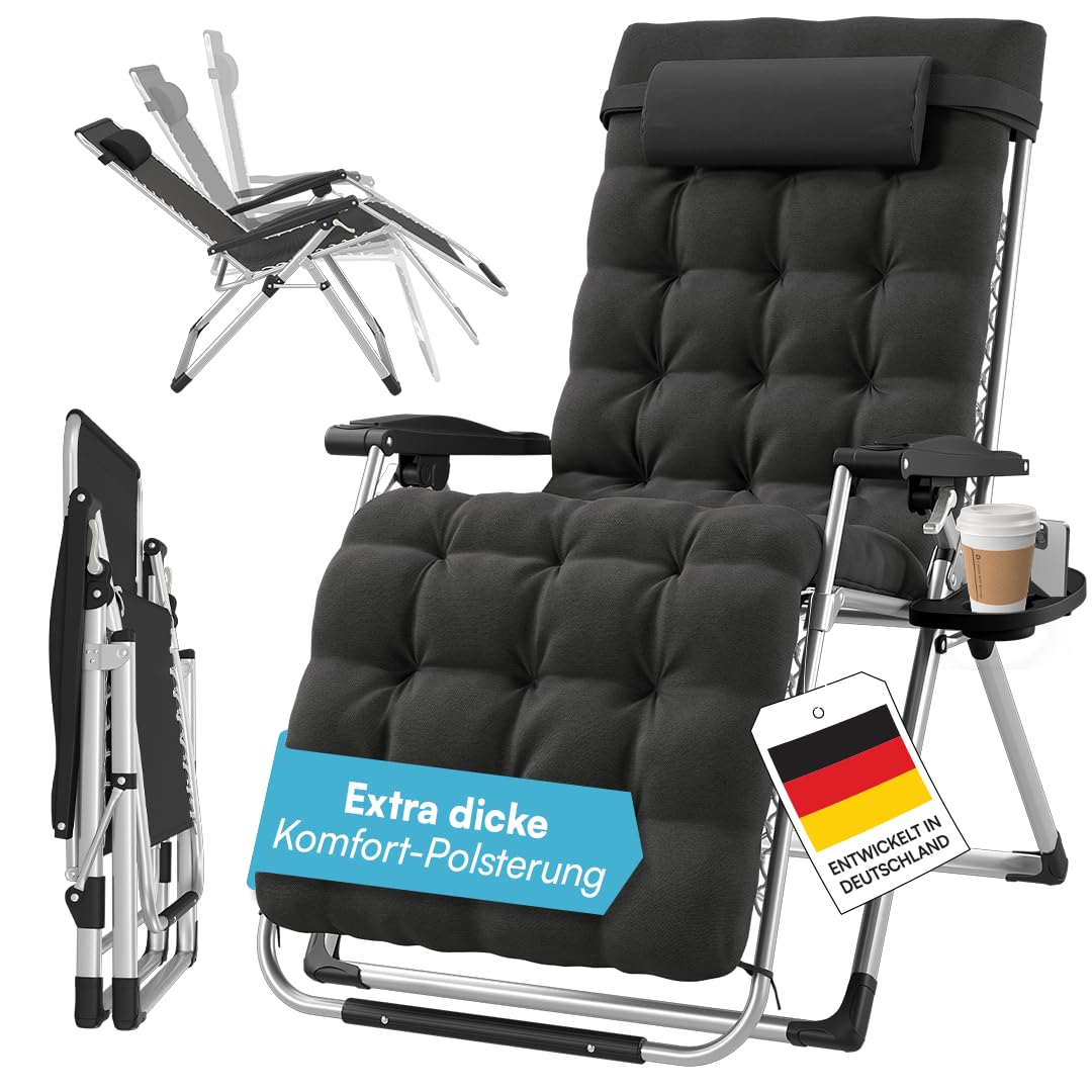 STEELSØN Lysira Gartenliege Zero Gravity Liegestuhl – klappbare Sonnenliege – Relaxliege wetterfest – Campingliege mit Polsterauflage in Schwarz – Silber Metallgestell – mit Getränkehalter, bis 200 kg