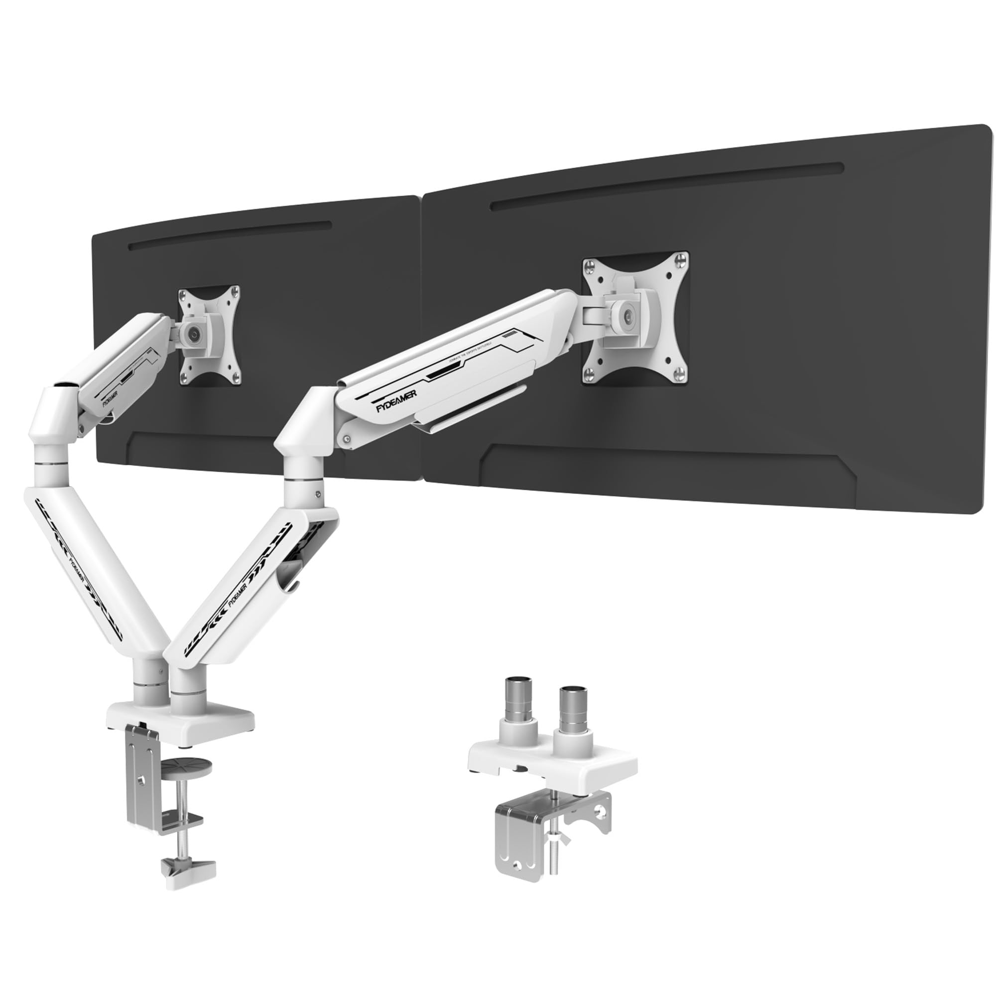 Fydeamer Dual-Monitor Halterung für 17-35 Zoll bis 11 kg –Bildschirmhalterung 2 Monitore Höhenverstellung, Drehen und Schwenken – Schwerlastfähige Ergonomische Monitorhalterung, VESA 75 & 100, Weiß