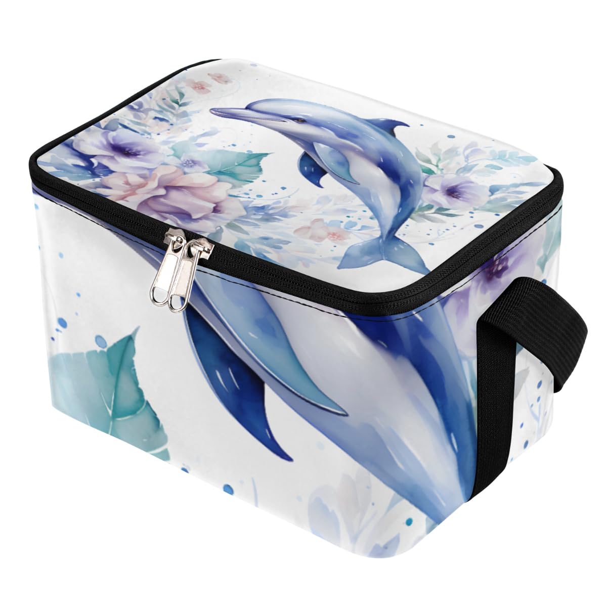 Lunch Bags for Women Men 9 Cans,Watercolor Dolphin Hot & Cold Food Delivery Bag Insulated Grocery Bag Insulated Lunch Box Floral Cooler Bag for Office Work Picnic Beach