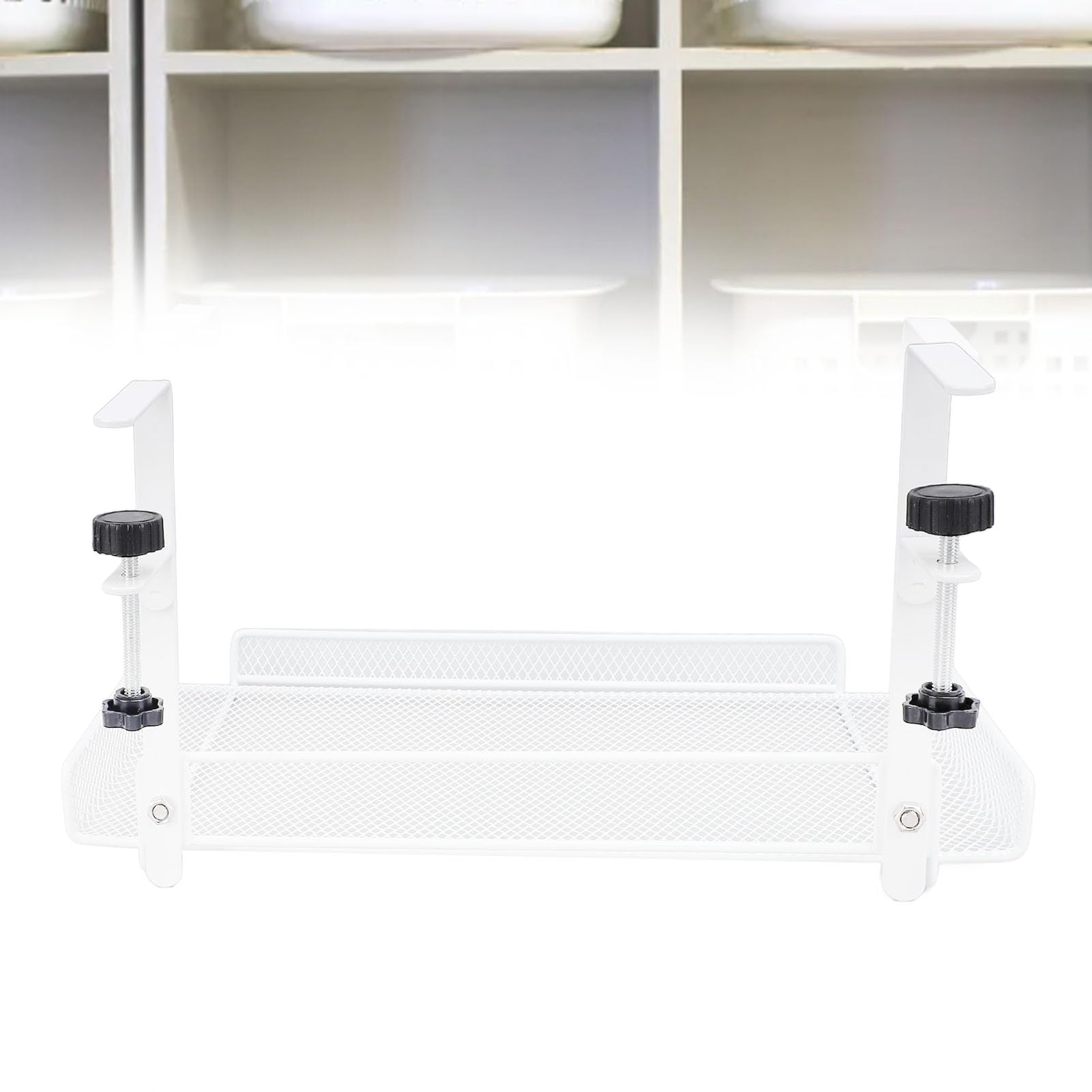 Estante organizador debajo del escritorio, cesta de almacenamiento con abrazadera, bandeja de gestión de cables para enrutador de cables, regleta de alimentación, ahorro de espacio, accesorios