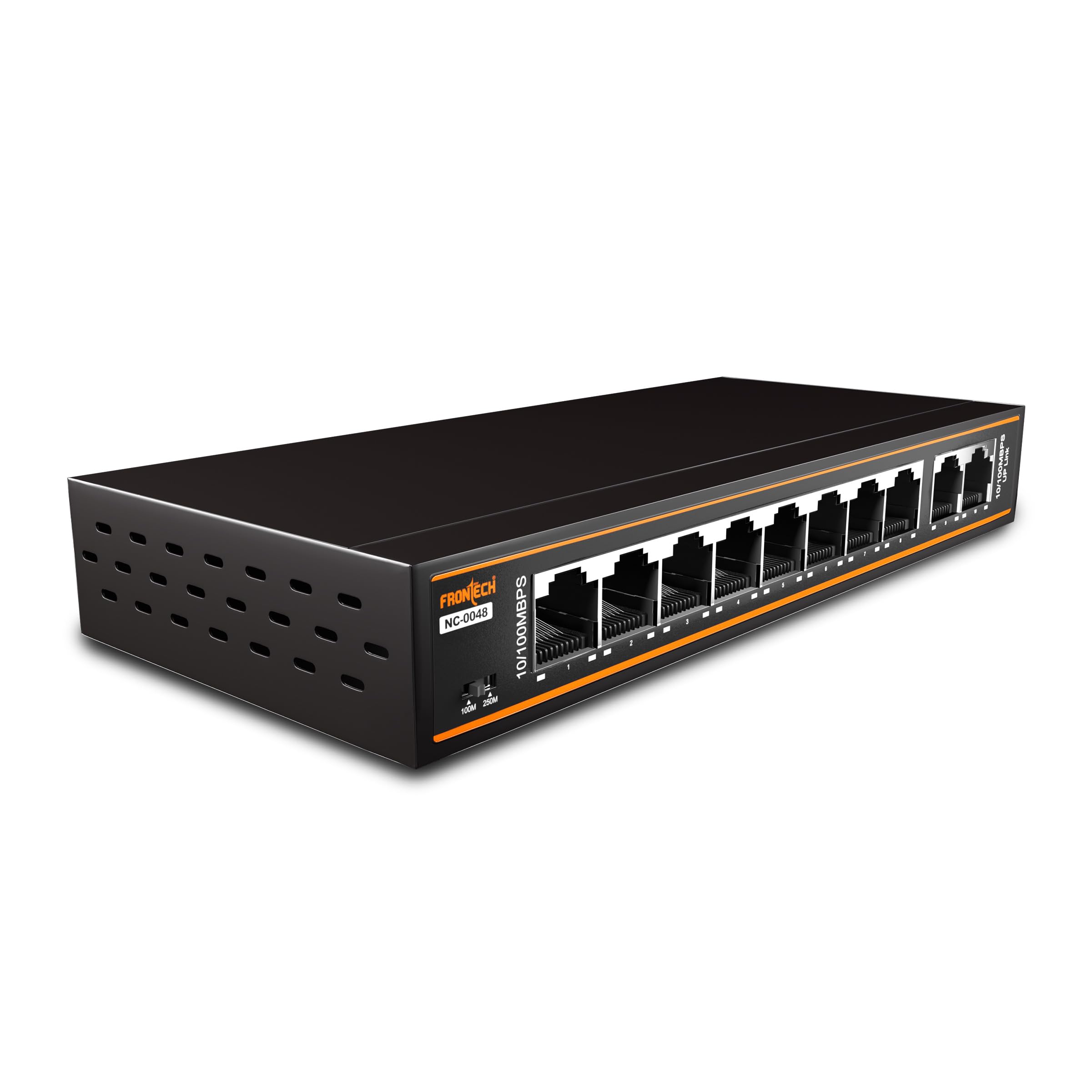 Frontech 8 Port PoE+ Switch with 2 Uplink Ports, 120W PoE Budget, Fast Transmission, Plug & Play, Wall Mount, 2-Year Warranty (NC-0048)