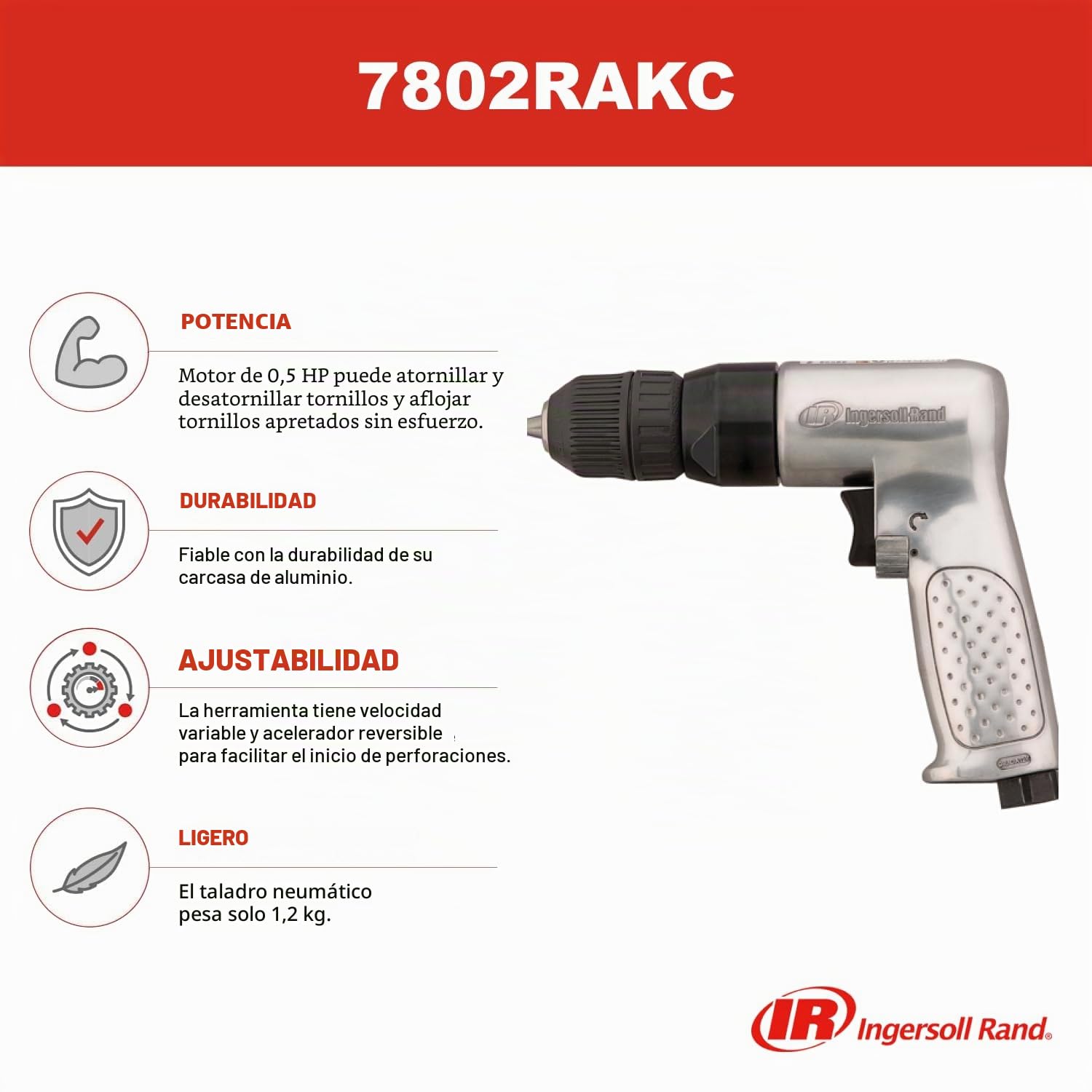 Ingersoll Rand Taladro neumático 7802RAKC, reversible, de velocidad variable de 3/8" (10 mm) con portabrocas sin llave, motor de 0,5 CV, 1 unidad