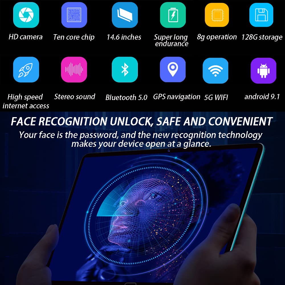 Tablet PC IPS HD da 14,6 pollici,sottile sistema Windows Tablet PC Android 9.1 con riconoscimento facciale 8 GB di RAM suono stereo/Bluetooth 5.0 navigazione GPS, WiFi 5G (arancione)